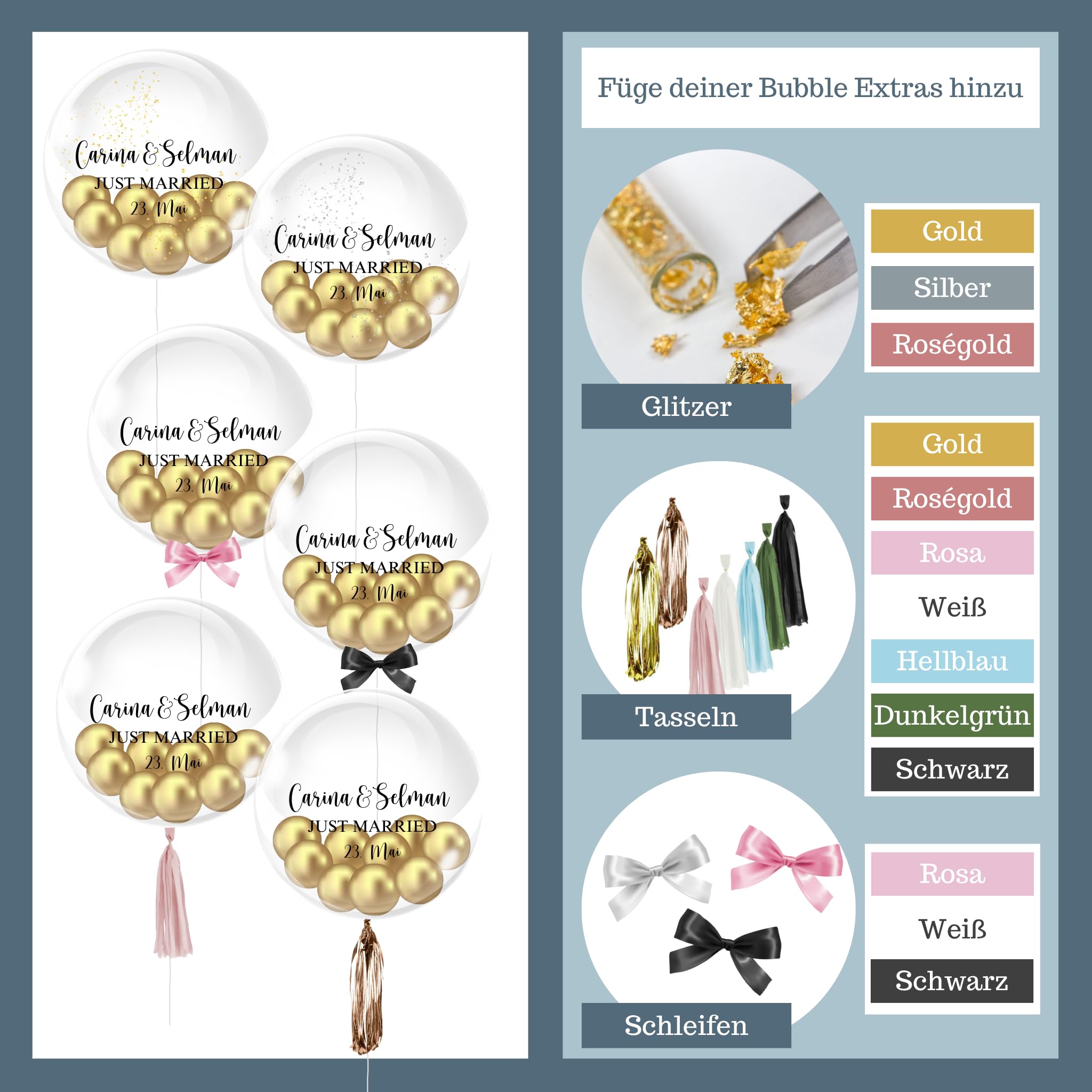Just Married - Bubble Fabrik - Personalisiertes Ballongeschenk: Durchsichtiger Heliumballon mit Bunten Ballons, Geschenk zur Hochzeit, Hochzeitsmitbringsel