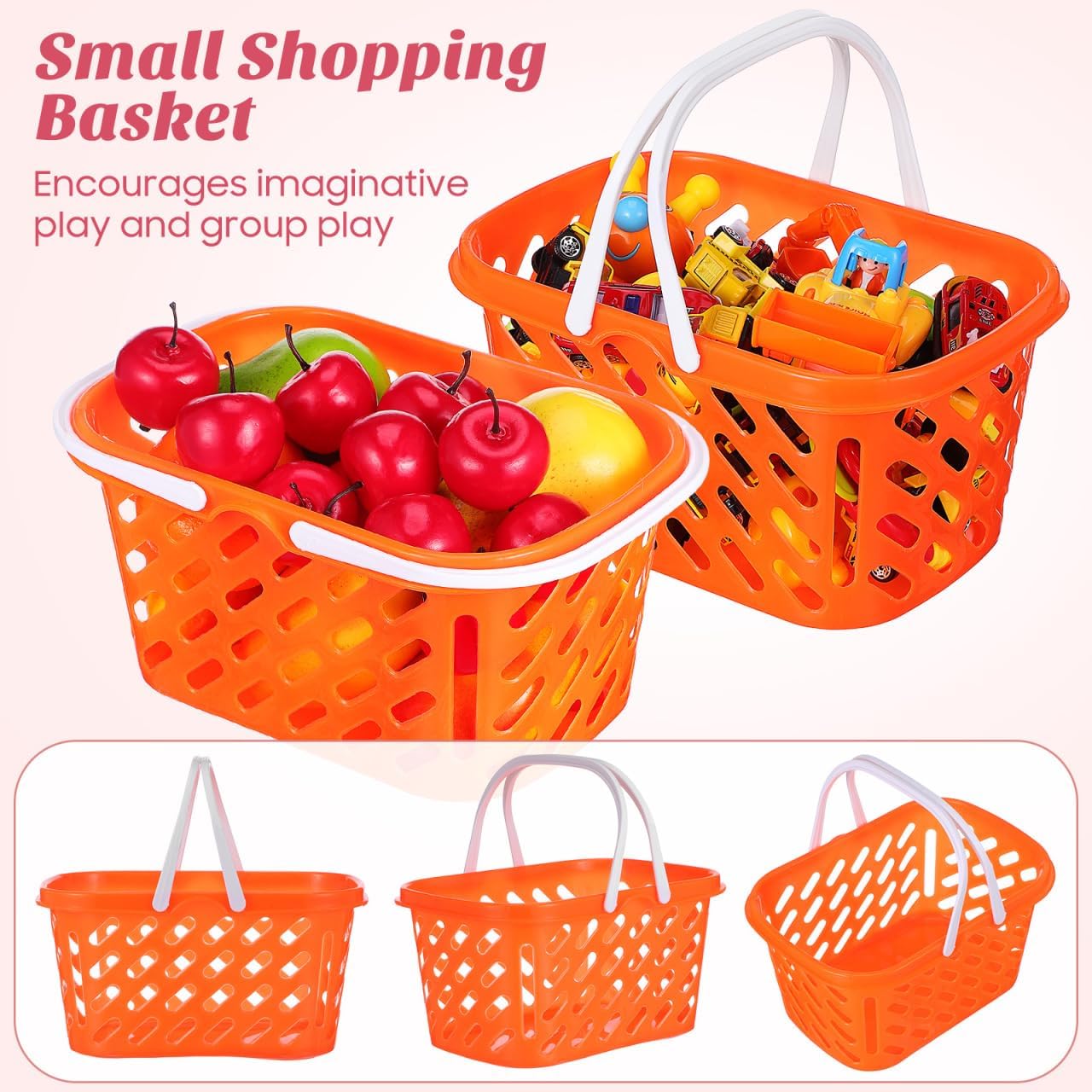 2 Pcs Kids Shopping Basket Toy with Handles, Reinforced Plastic Grocery Baskets for Toddlers Pretend Play, Mini Food Store Organizer for Kitchen Toys, Small Easter Gift (Orange) image 5
