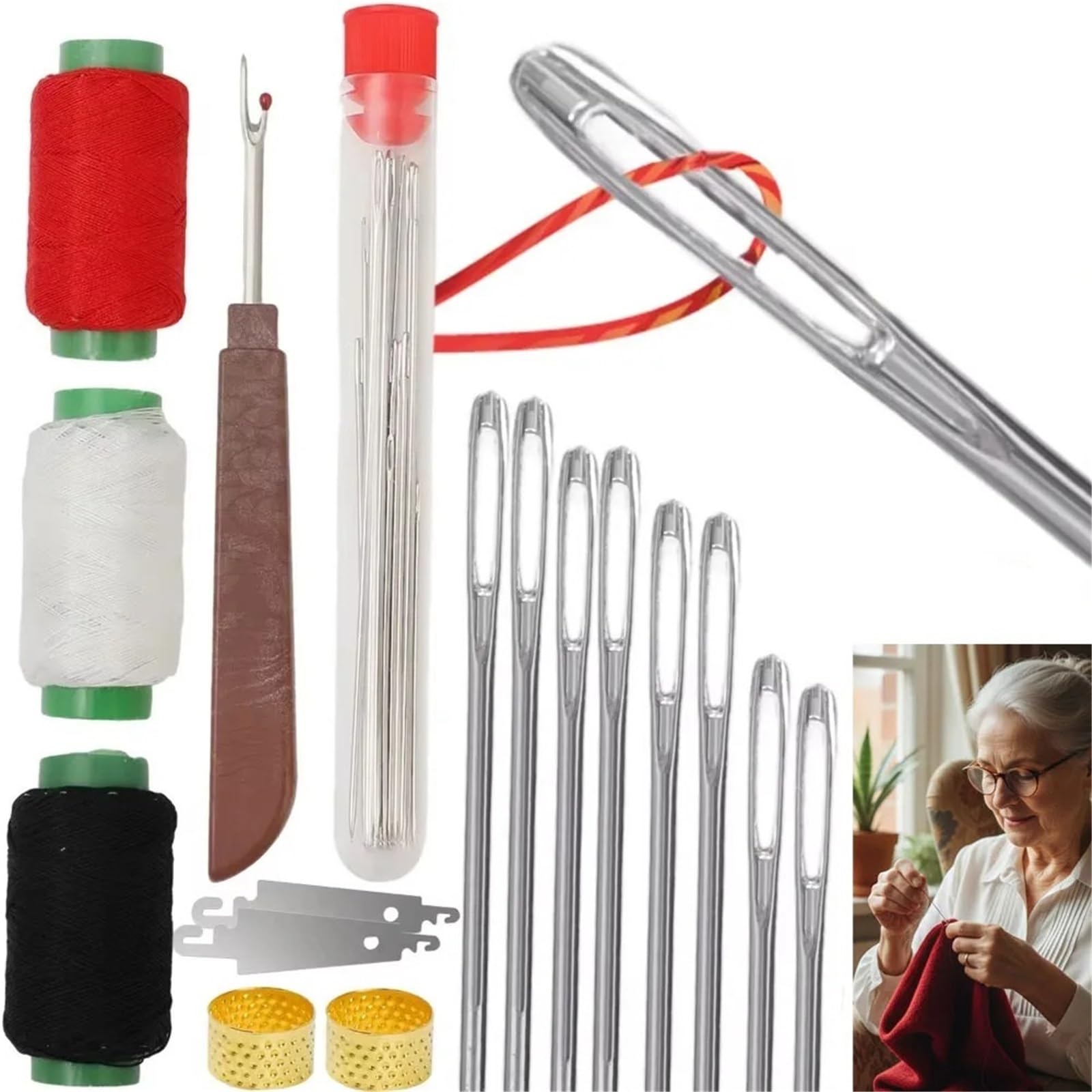 Xinglongs Big Eye Stahl-Nähnadel-Set, 6 Stück, Edelstahl-Nähnadeln, Stickerei, Kreuz, großes Auge mit verschiedenen praktischen Werkzeugen, DIY-Kleidung