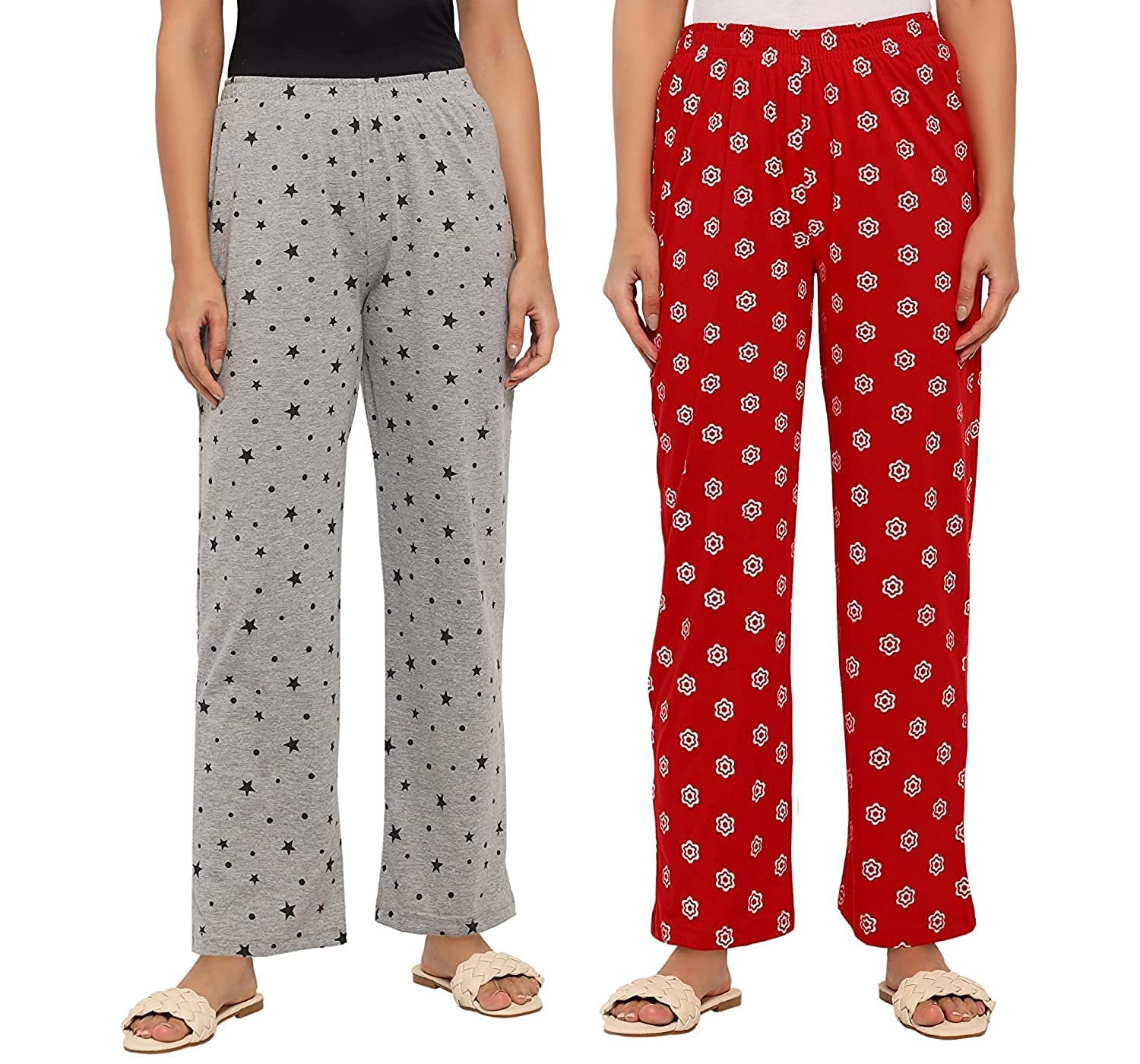 Women's Cotton Printed Pyjama/Women's Lounge Pants/Night Pants Multicolor for Women Set of 2 (Grey & Red)-image-23