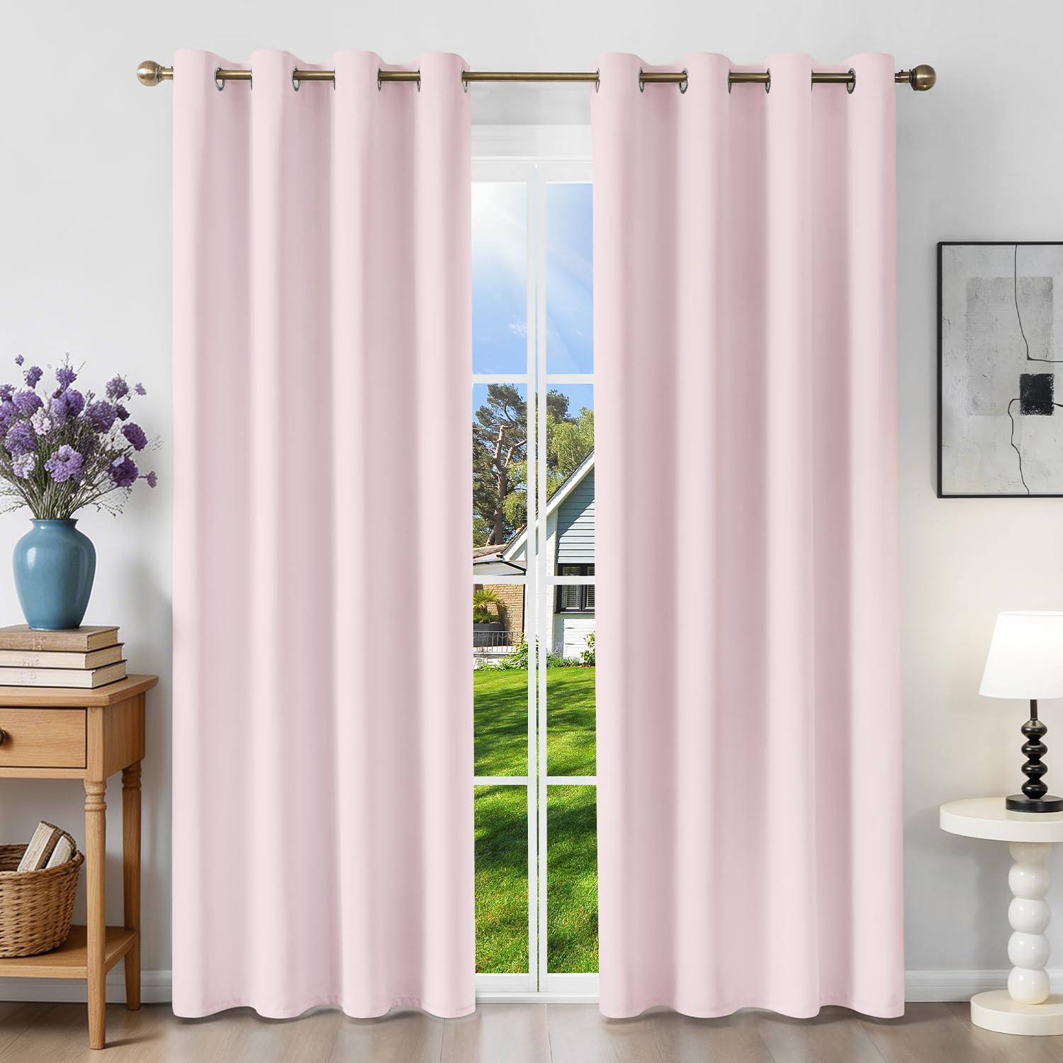 Runyéla Light Pink Curtains Blackout for Bedroom Eyelet 46 x 72 Inch Drop Thermal Black Out Curtain for Living Room, 2 Panels