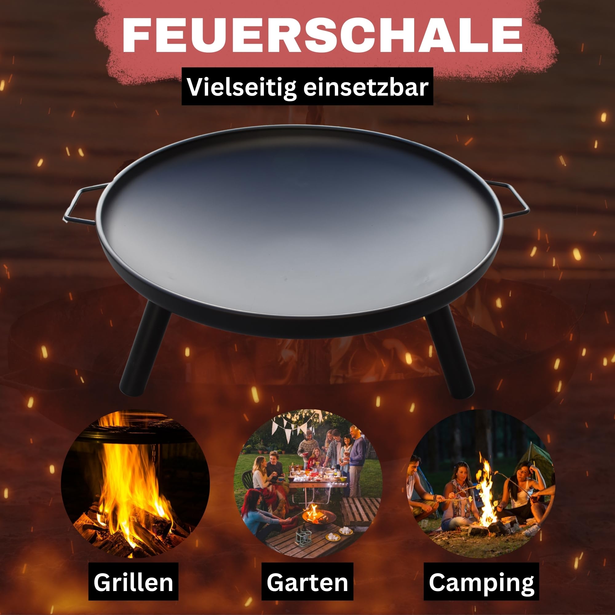 Feuerschale Feuerstelle Ø 60 cm aus lackiertem Eisen mit 2 Tragegriffen feuerfest