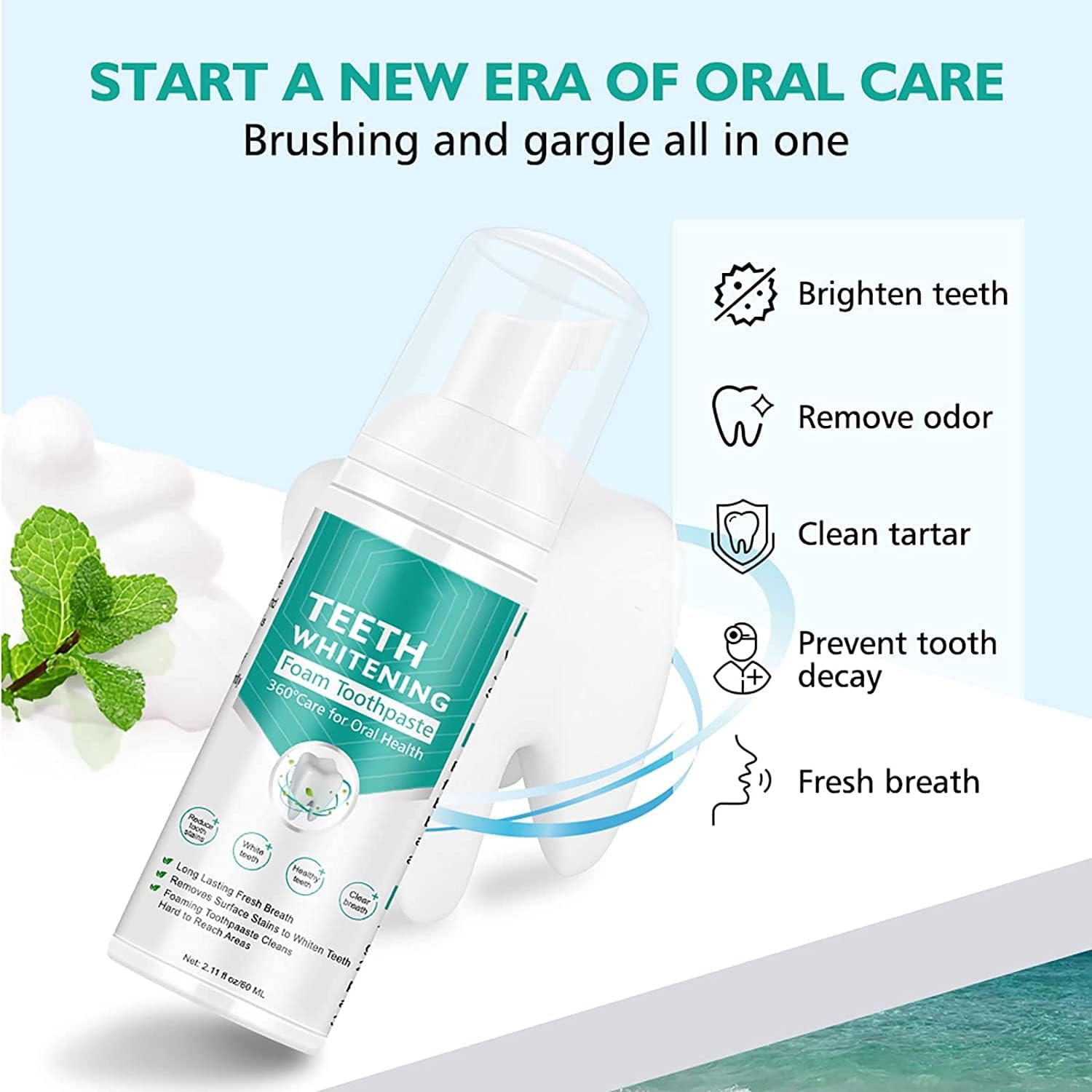 Teeth Whitening Toothpaste, Foam Toothpaste, Ultra-fine Mousse Foam Deeply Cleaning Gums, Stain Removal, Oral Care Replacement Natural Mouth Wash Water, 3 Fresh Flavor - Image 2