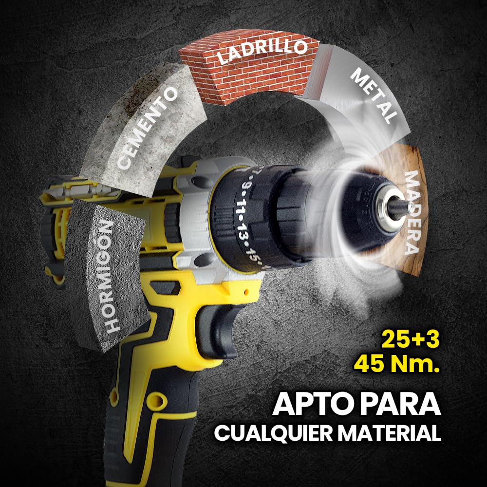 MAKTUL Taladro Percutor a Bateria Potente 2x4000mAh 20V Destornillador Electrico Atornillador Multifunción Inalámbrico con Accesorios Bricolaje 100% Compatible, Luz Nivel Ajuste de Par, 2 Velocidades
