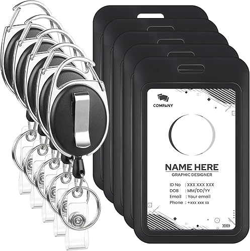 5 Pack Badge Holder Retractable Clip Heavy Duty Reels with Vertical Sliding ID Badge Holder Black Hard Plastic for Women Nurse Teacher Student