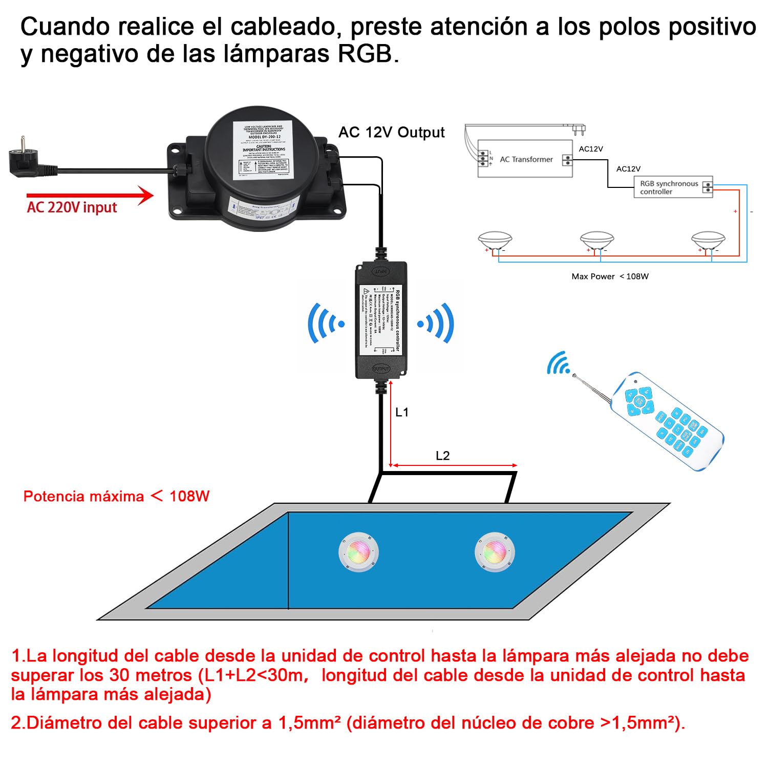 COOLWEST LED Piscina PAR56, Proyector Piscina RGBW Multicolor de 36W con Sincronizador Externo y Control Remoto IP68, AC 12V para Iluminación de Jardín