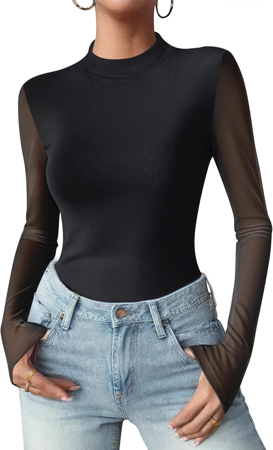 Zeagoo Womens Floral Mesh Long Sleeve Tops See Through Going Out Blouses Mock Neck Sheer Party Outfits Shirts S-XXL