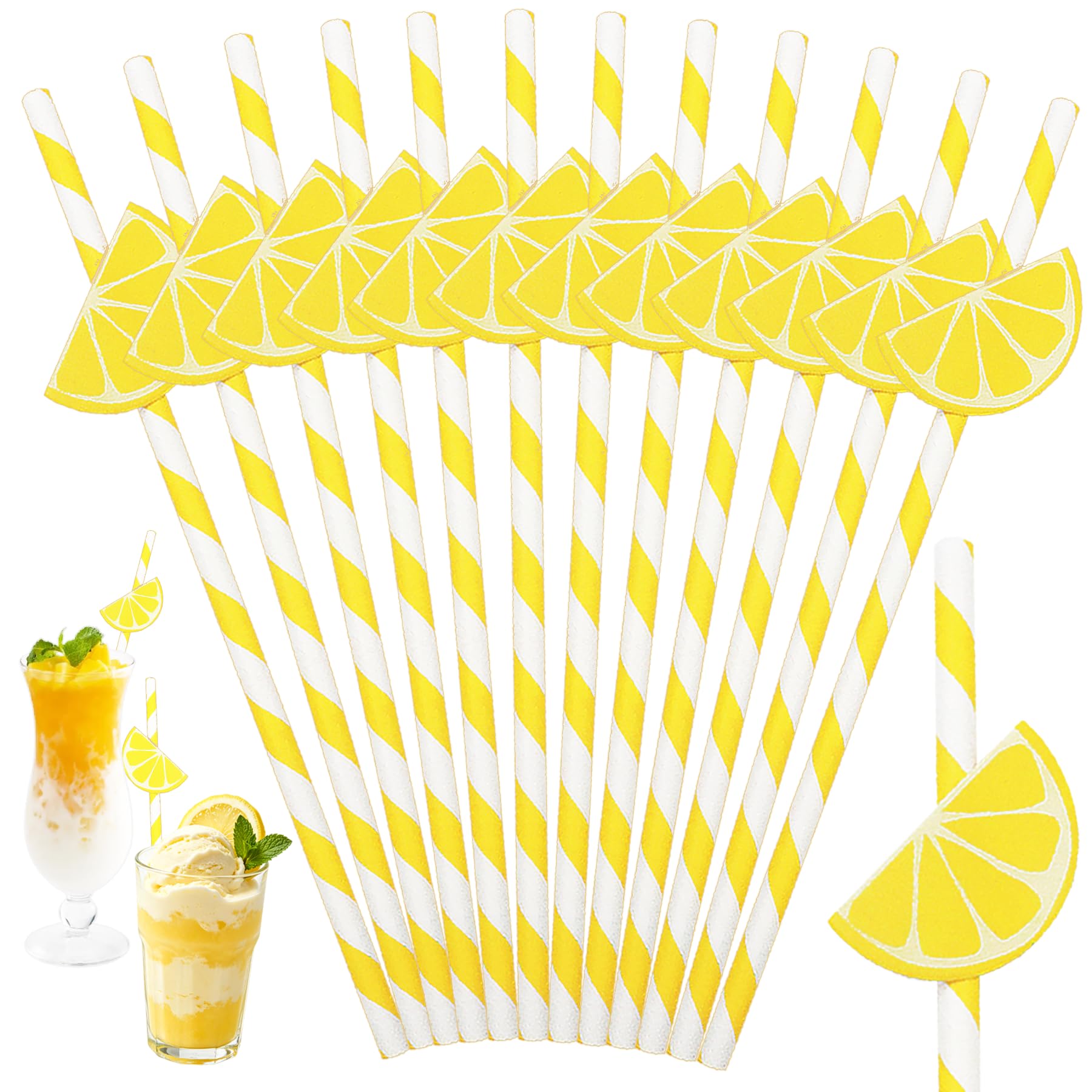 60PCS Lemon Paper Straws Drinking Disposable Striped Straw Party Supplies