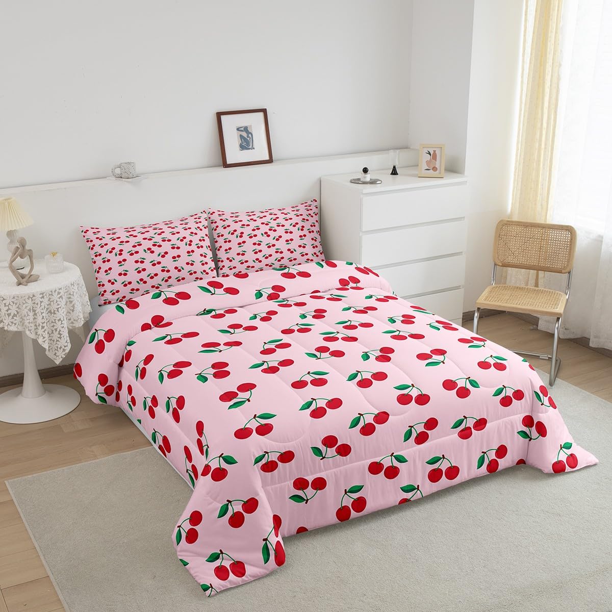 Feelyou Cherry Bedding Set Queen Size Pink Cherry Comforter Set for Kids Boys Girls Decor Summer Fruit Comforter Microfiber Cute Fruit Duvet Set Bedroom Quilt Set
