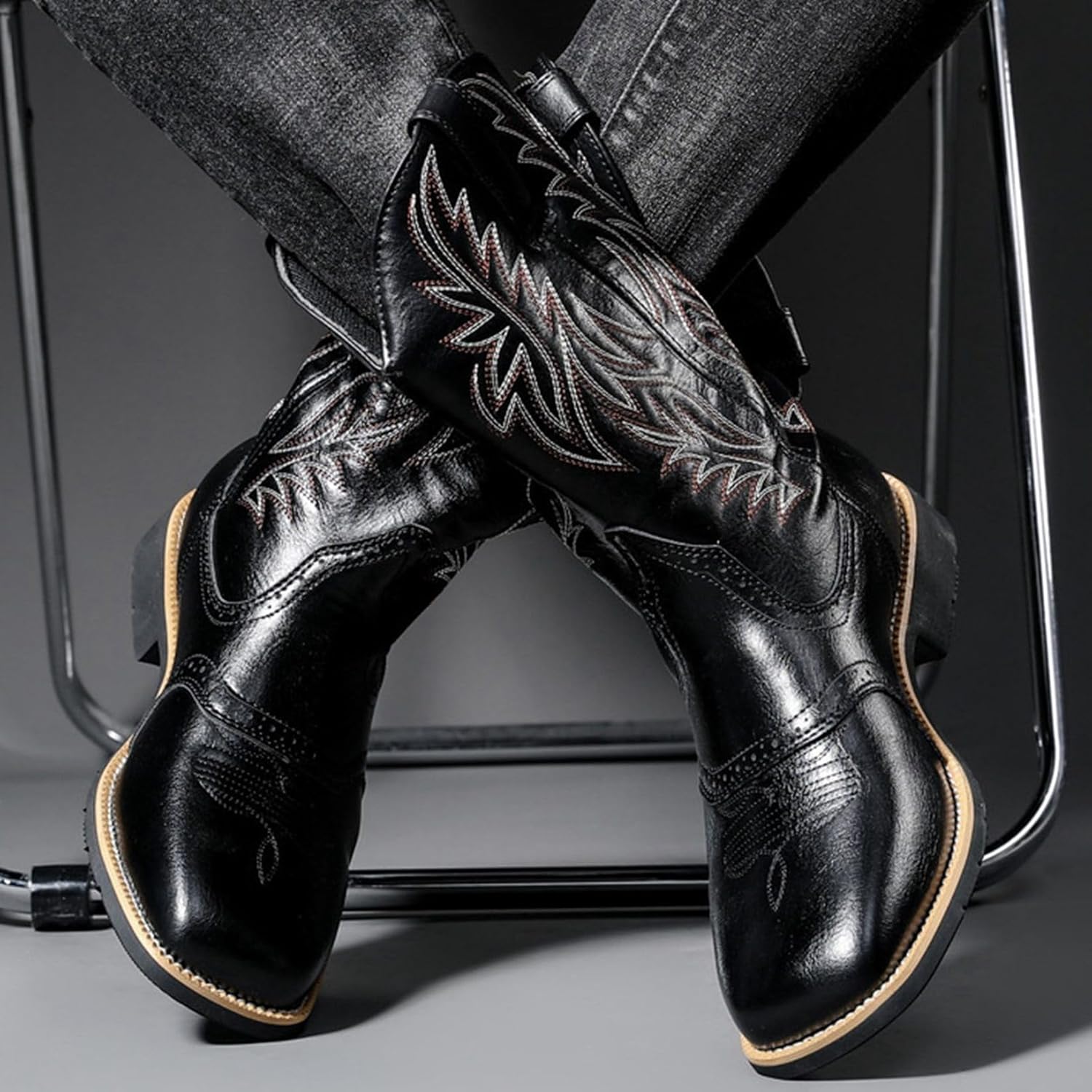 [Taopagii] メンズ ウエスタンブーツ 24-29cm 騎士ブーツ 太めヒール スクエアトゥ ミドルブーツ 刺繍 バイカラー