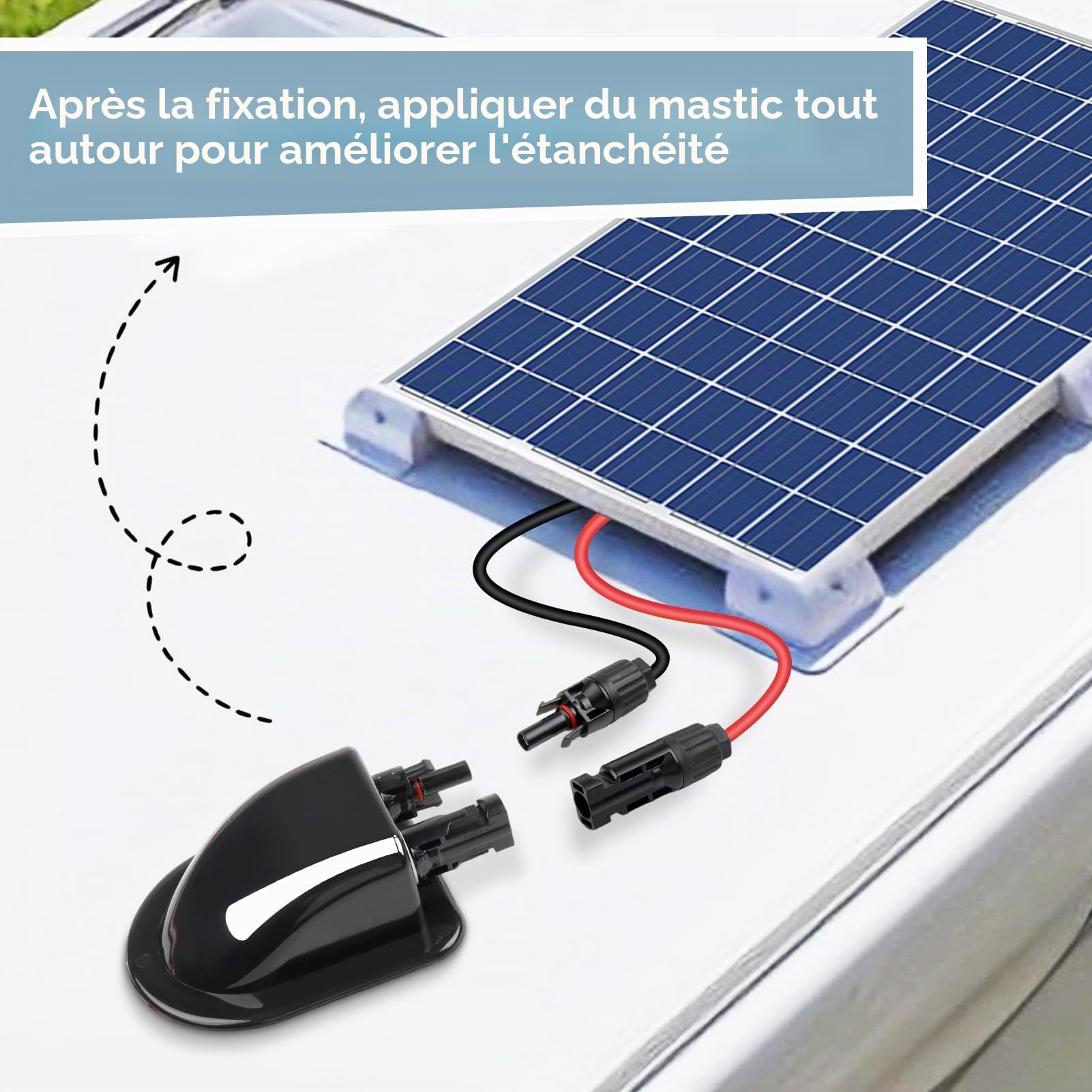 Passe-câble solaire, Passe Toit Etanche Panneau Solaire avec 300 cm Câble pour Camping Car, Caravane et Bateau, Pièces et Accessoires pour Camping Car, connecteur de câble double entrée de câble