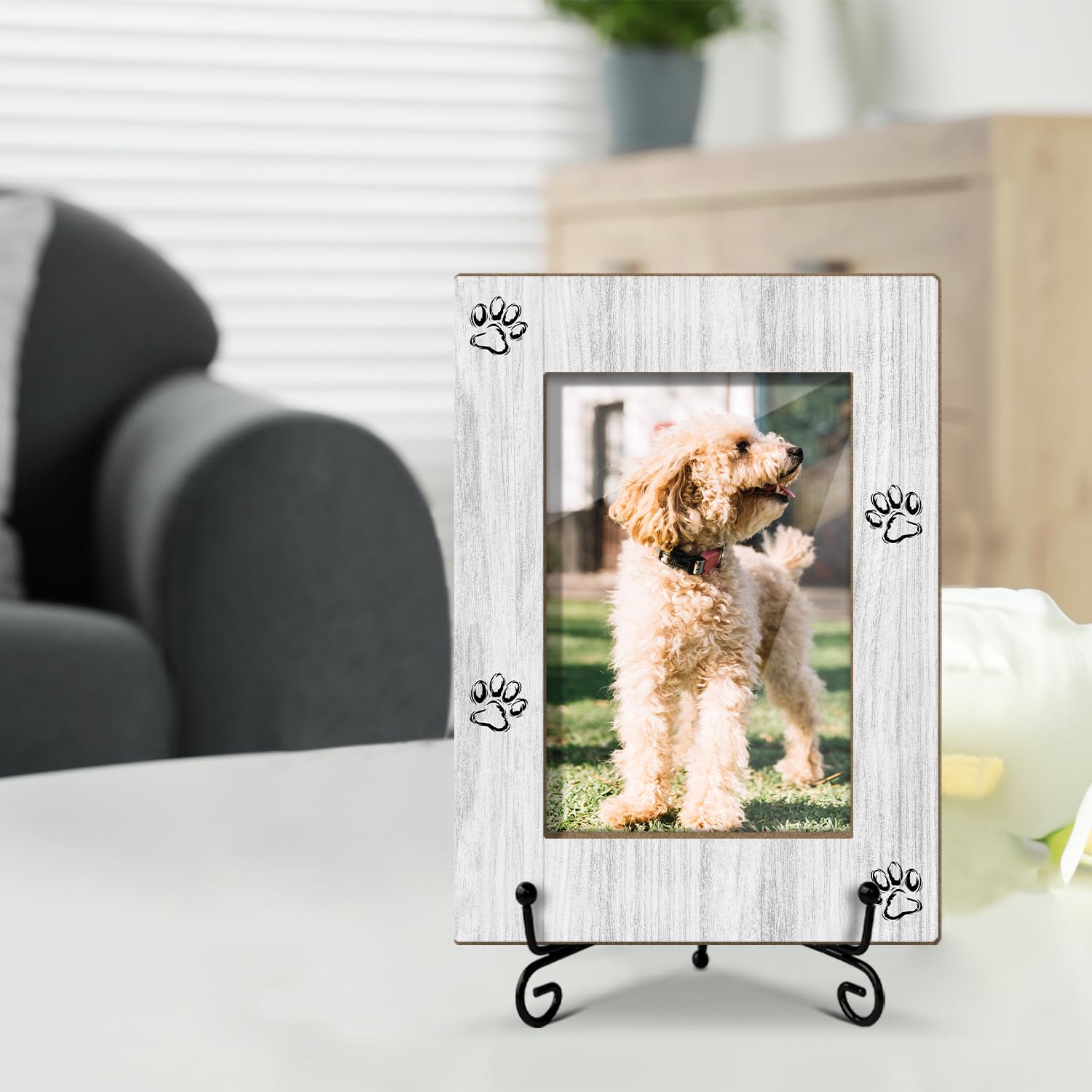 XK59 - Marco de fotos de madera con estampado de huellas de mascotas para perros y gatos, regalos para amantes de las mascotas, dueño de mascotas, marco de fotos de 4 x 6 pulgadas para exhibición de