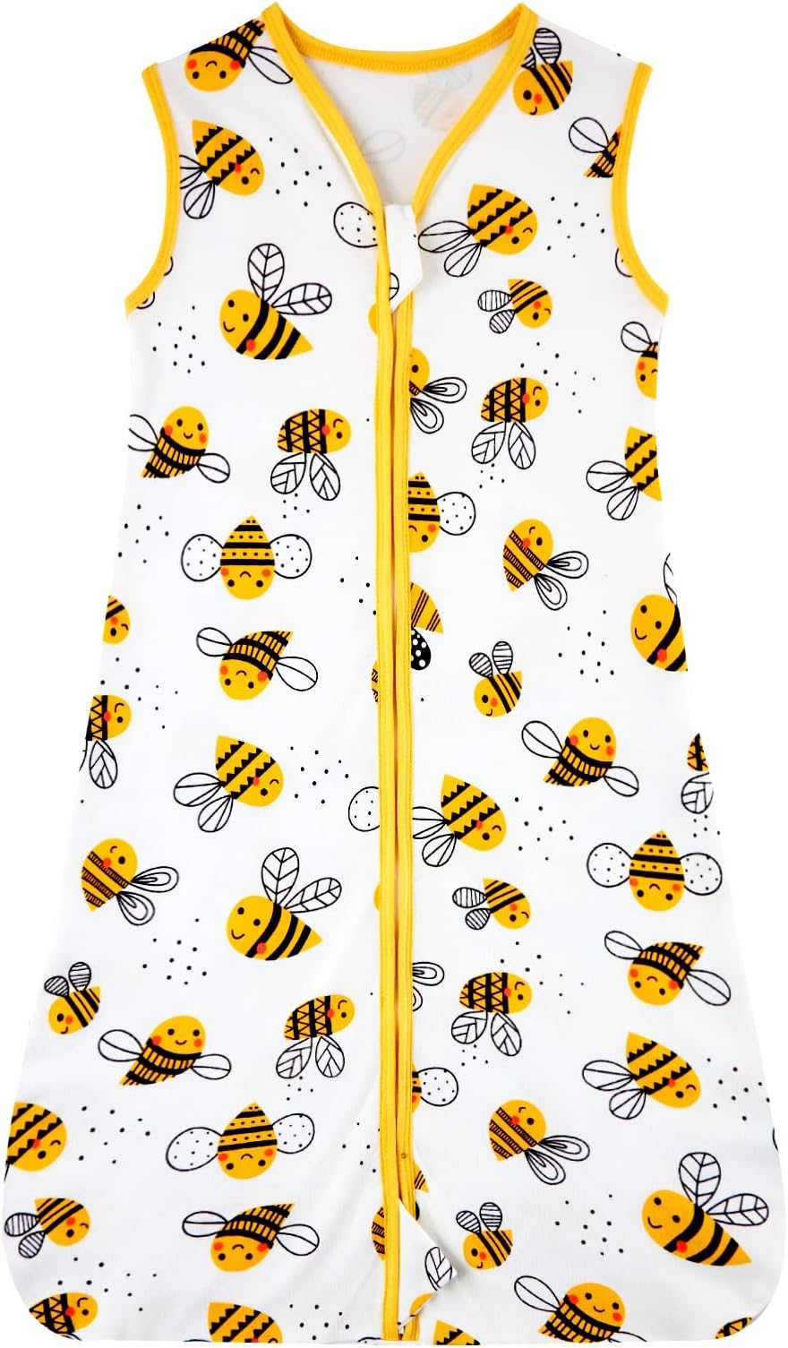 Kids4ever Sleeping Bag Baby 0.5 Tog Sleeveless 100% Cotton Baby Summer Sleep Bag Bee Pattern Swaddle Bag with Two-Way Zipper for Toddler 2-4 Years