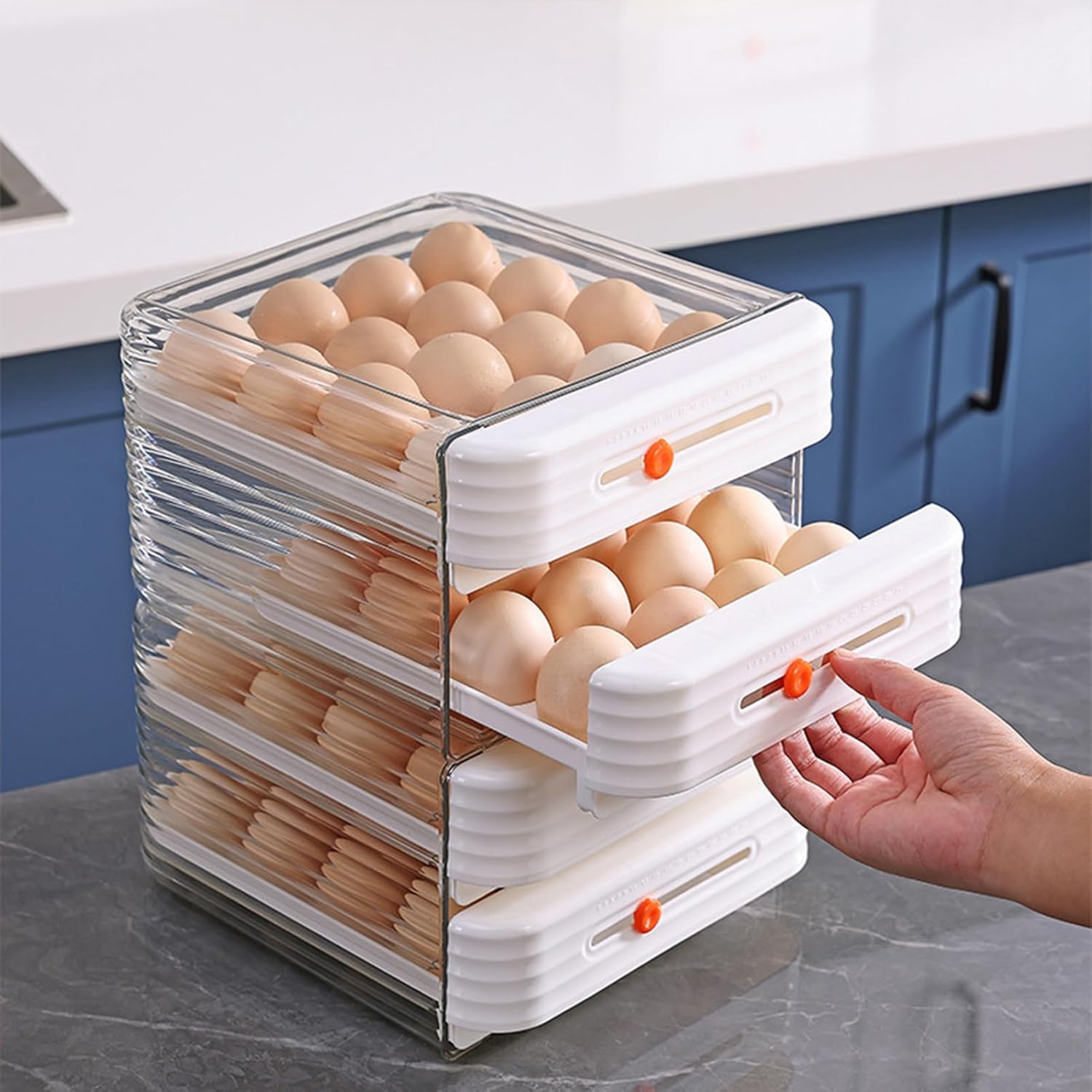 Egg Holder for Fridge 2-Layer Stackable Refrigerator Egg Storage Organizer with Data Slider 32 Grids Drawer Type Egg Holder BPA Free Clear Plastic (White)