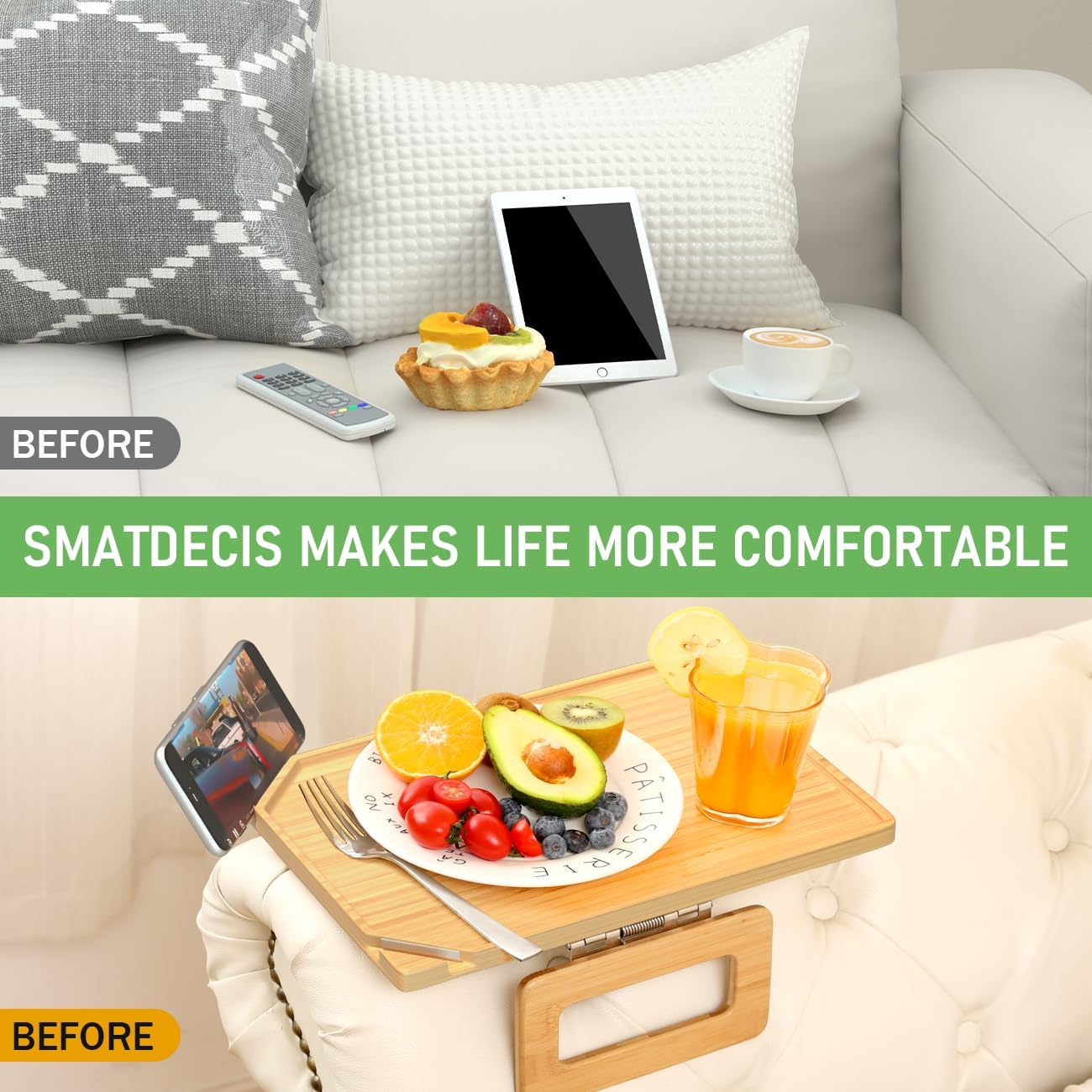 Smatdecis Couch Arm Tray Table Sofa Arm Clip, Armrest Tray Table Suitable for Home Drinks/Fast Food/Fruit Etc, Large Size Multi-Function Natural(Dual Phone/Tablet Holder)