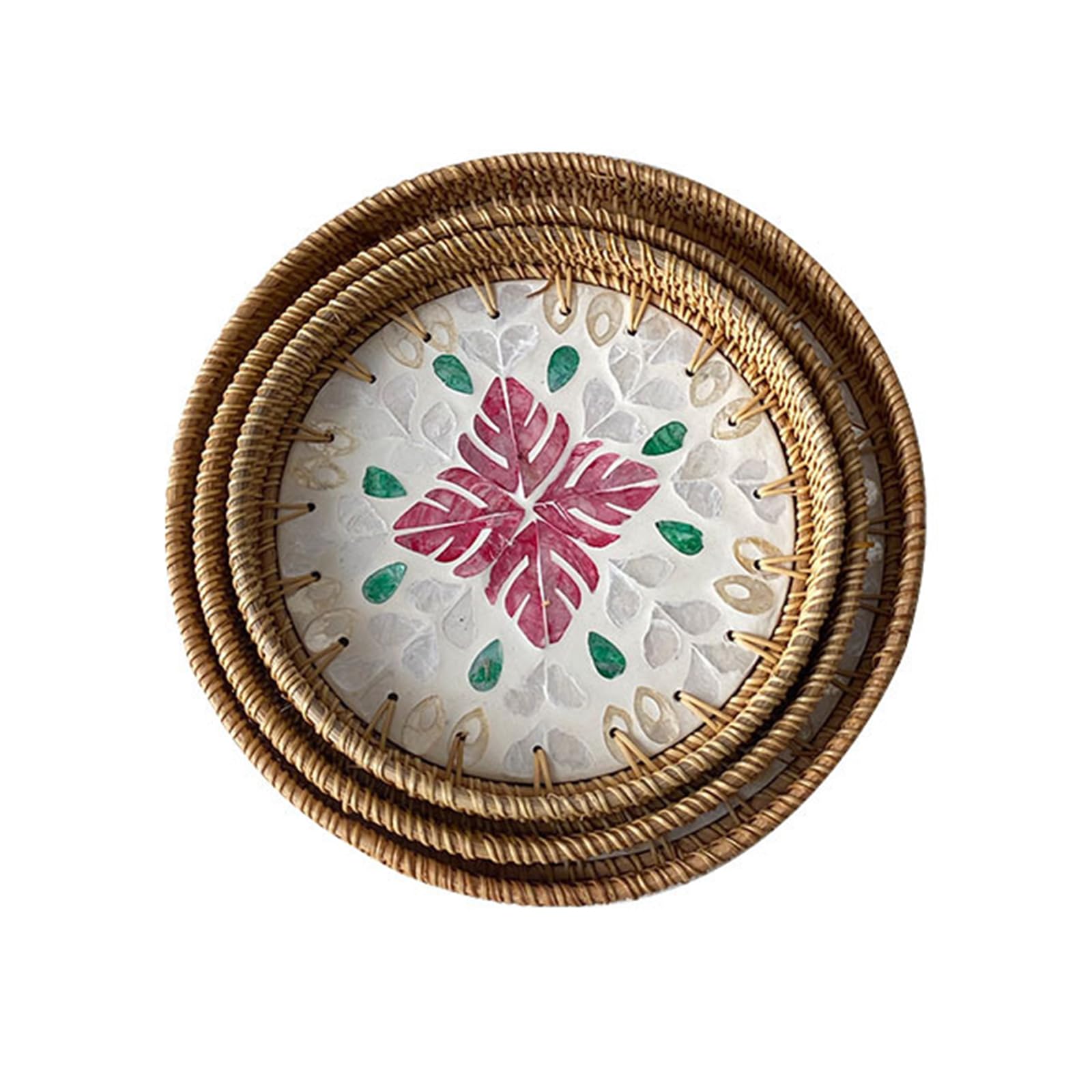 RUDHSJNJK 3 Packs Round Rattan Tray with Mother of Pearl Inlay Decorative Woven Serving Tray for Bread Fruit Food Coffee Breakfast,9