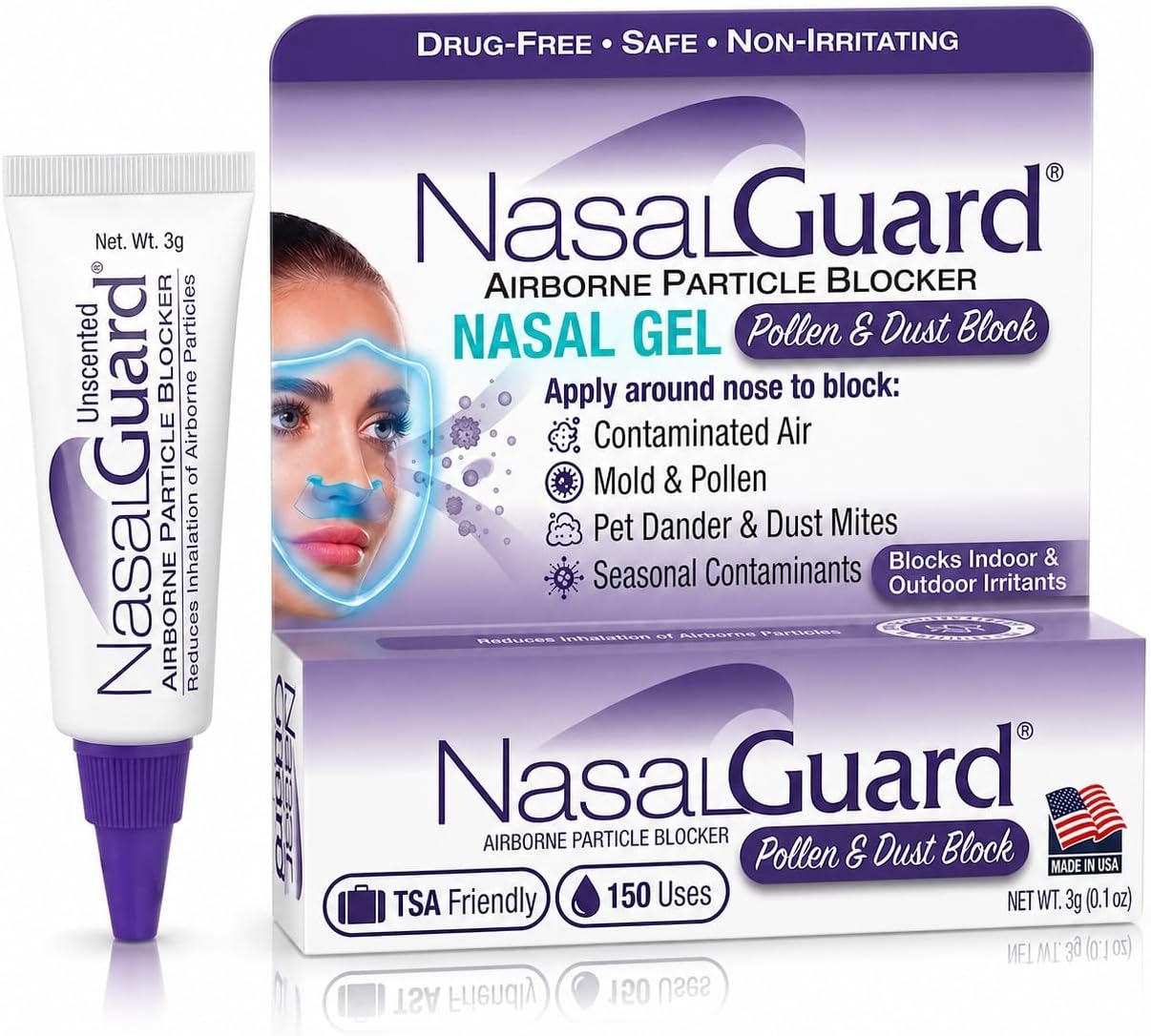 Allergy Relief and Allergen Blocker Nasal Gel - Drug-Free and Proven Safe for Pollen Allergy Sufferers, Approved for Airplane Travel (3 Gram, Unscented)