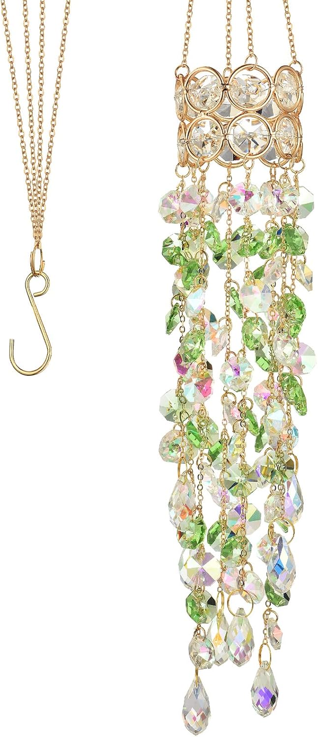 Hanging Window Garden Crystal Sun Catcher, Gold-Plated Sun Catcher for Indoor and Outdoor Decoration, Light Catcher, Party Crystals (Green)