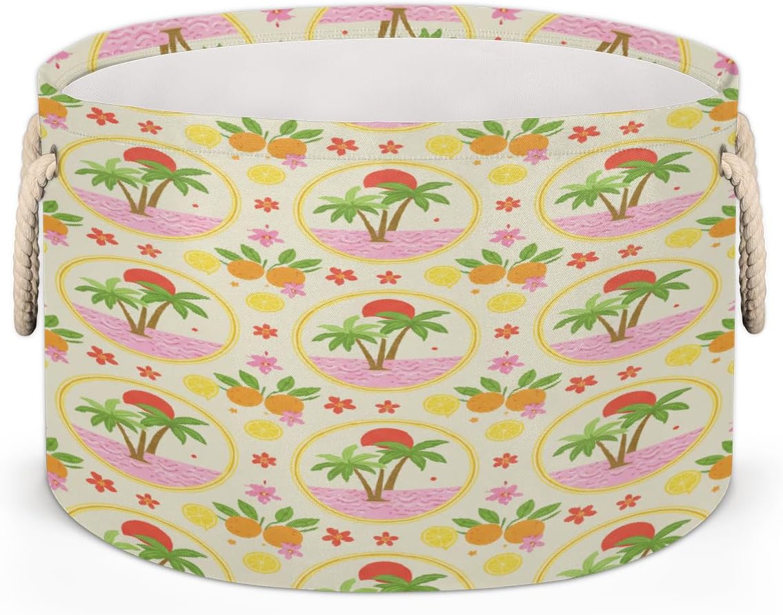Large Storage Baskets - Retro Tropical Sunset Fruit Nursery Round Collapsible Organizer Bin Box, Laundry Hamper for Kids Toys, Blanket, Bedroom Living Room Home Decor, Gift Basket, 19.4"x13.3"