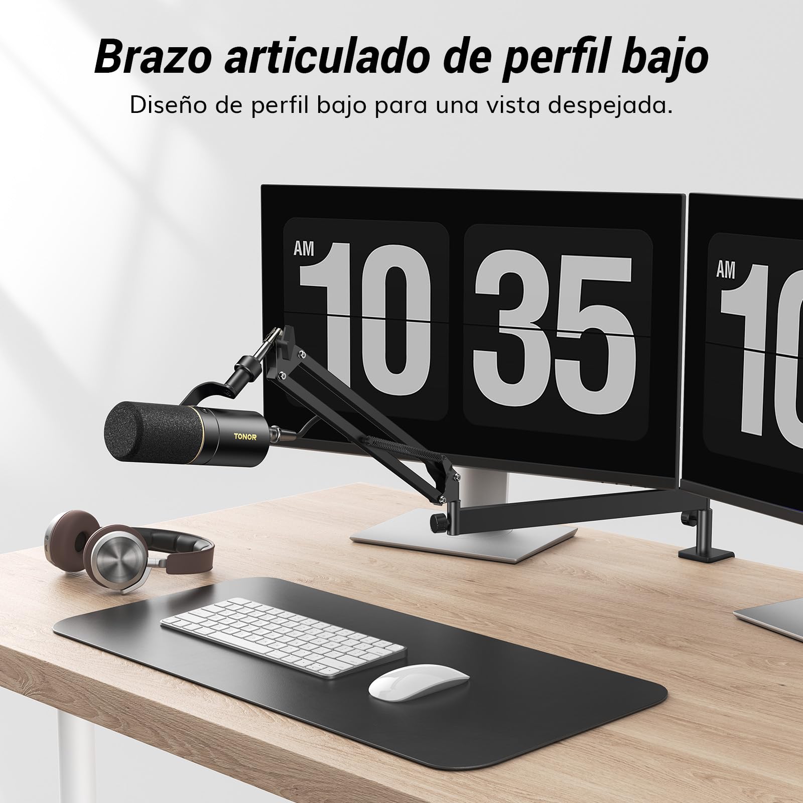 TONOR Micrófono Boom Arm, Brazo Mic de Bajo Perfil, Soporte Microfono Mesa para Podcast/Streaming/Estudio Grabación/Studio, Totalmente Ajustable 360 ° Giratorio 90 ° Plegable, 38 cm +35cm, Negro,T20LP