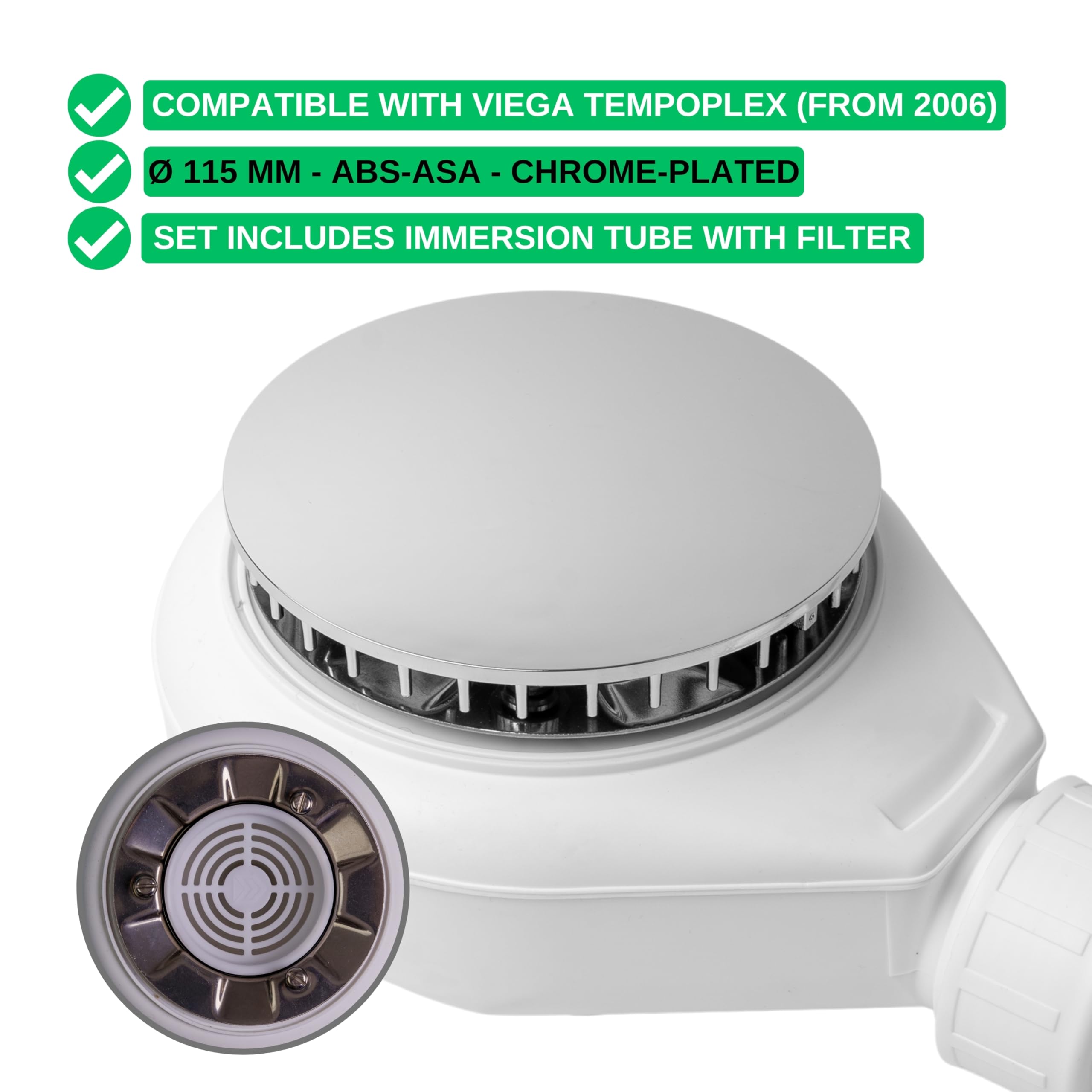 Capot et tube plongeur pour écoulement de douche, Ø 115 mm, compatible avec la garniture d'écoulement Viega Tempoplex à partir de l'année de construction 2006, couvercle ABS chromé