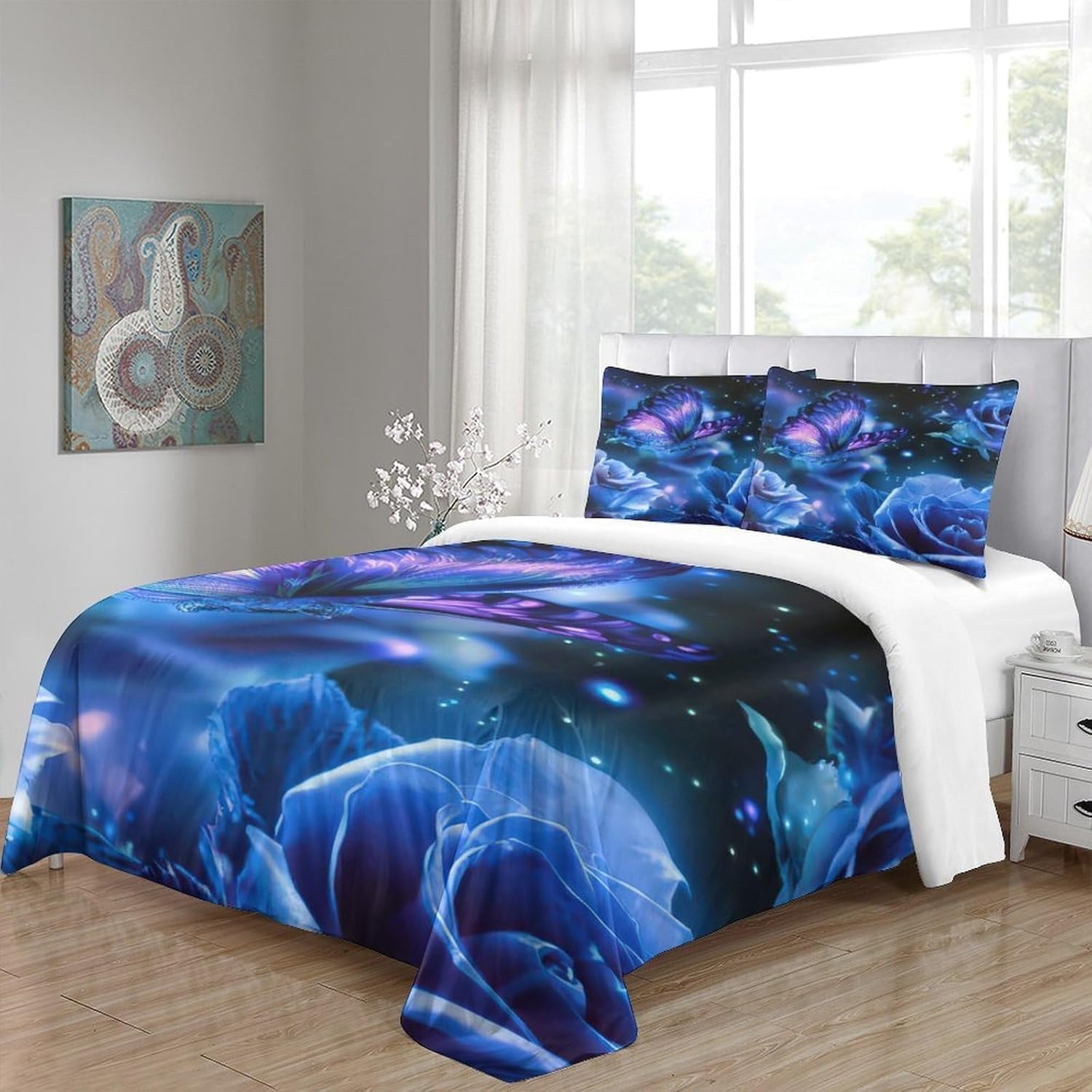 Funda Nordica Cama 135/150 Mariposa Ropa de Cama 3D Rosas Azules 3 Piezas Suave Transpirable Microfibra Funda Nórdica 240x220 cm y 2 Fundas de Almohada 50x75 cm C.2522