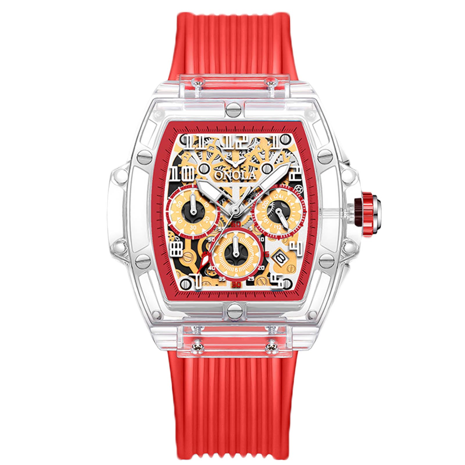 Rorios Mens Analogue Quartz Watch Transparent Tonneau Wrist Watch