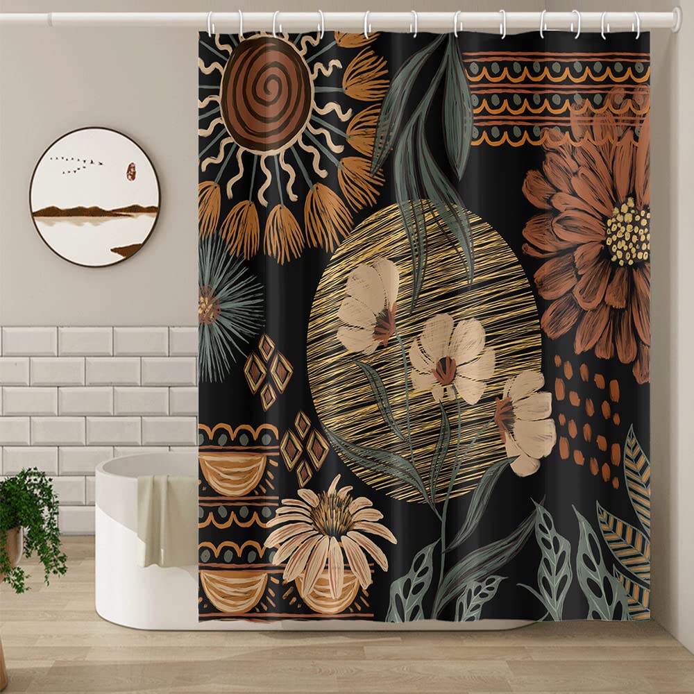 Black Bohemian Floral Shower Curtain Mid Century Flowers Botanical Modern Elegant Aesthetic Shower Curtain for Bathroom Decor Waterproof Polyester with Hooks, 65x72 Inch