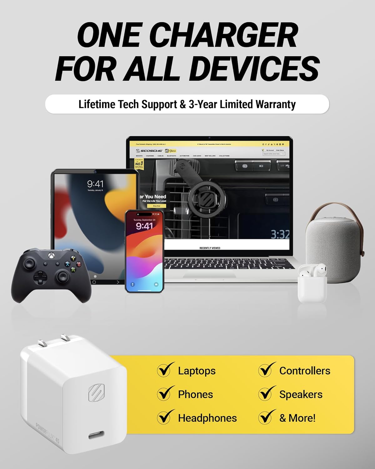 Scosche PowerFlux 45W USB-C Wall Charger Block, Fast Charging Type-C Power Adapter with Foldable Plug, Super Fast Charge 2.0 Compatible with Samsung Galaxy S25/S24, iPhone 17/16 & More Android Devices