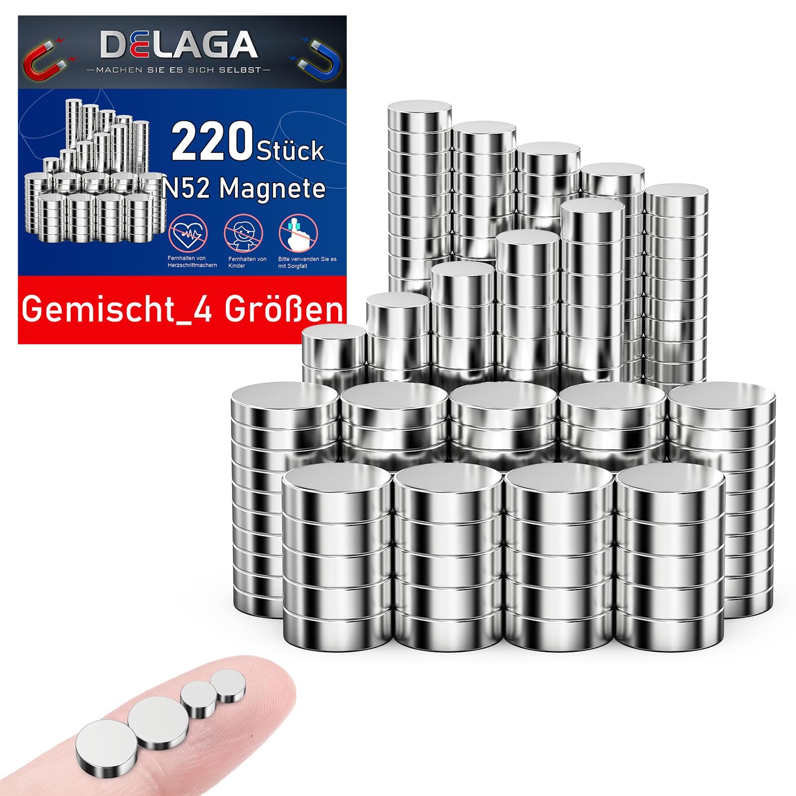 Pack of 220 Strong Mini Magnets 4 Different Sizes N52 Magnet Small for Gridfinity, Multiboard, Multibin, 3D Printing Projects, Tool Holder, DIY Organiser, Workshop, Office, Fridge
