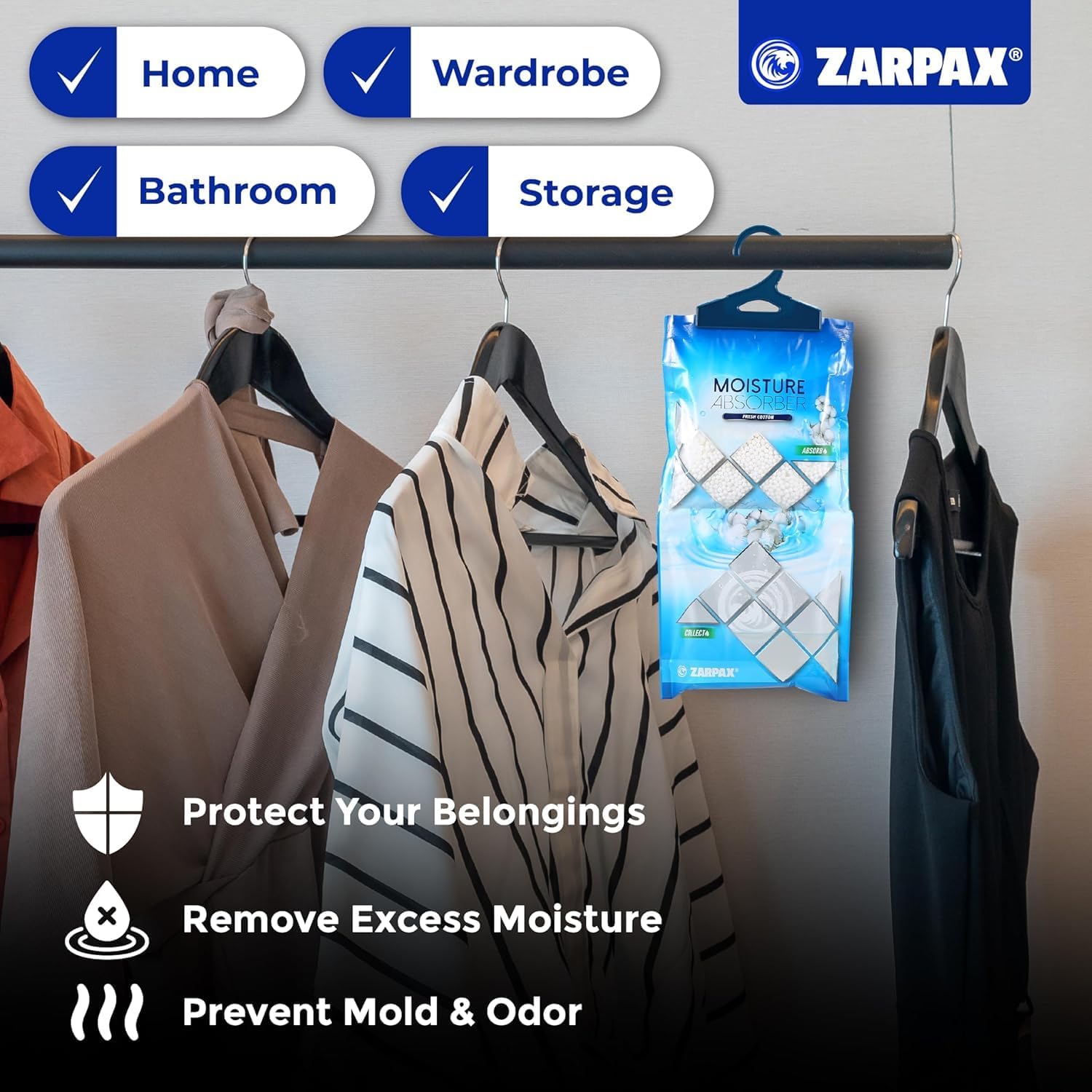 ZARPAX Hanging Moisture Absorber Fresh Cotton 10.6 oz/300g | Moisture Absorbing Bags for Bathroom, Closet, Kitchen & Vehicles | Removes Moisture, Humidity & Odors | Portable Dehumidifier | Set Of 10