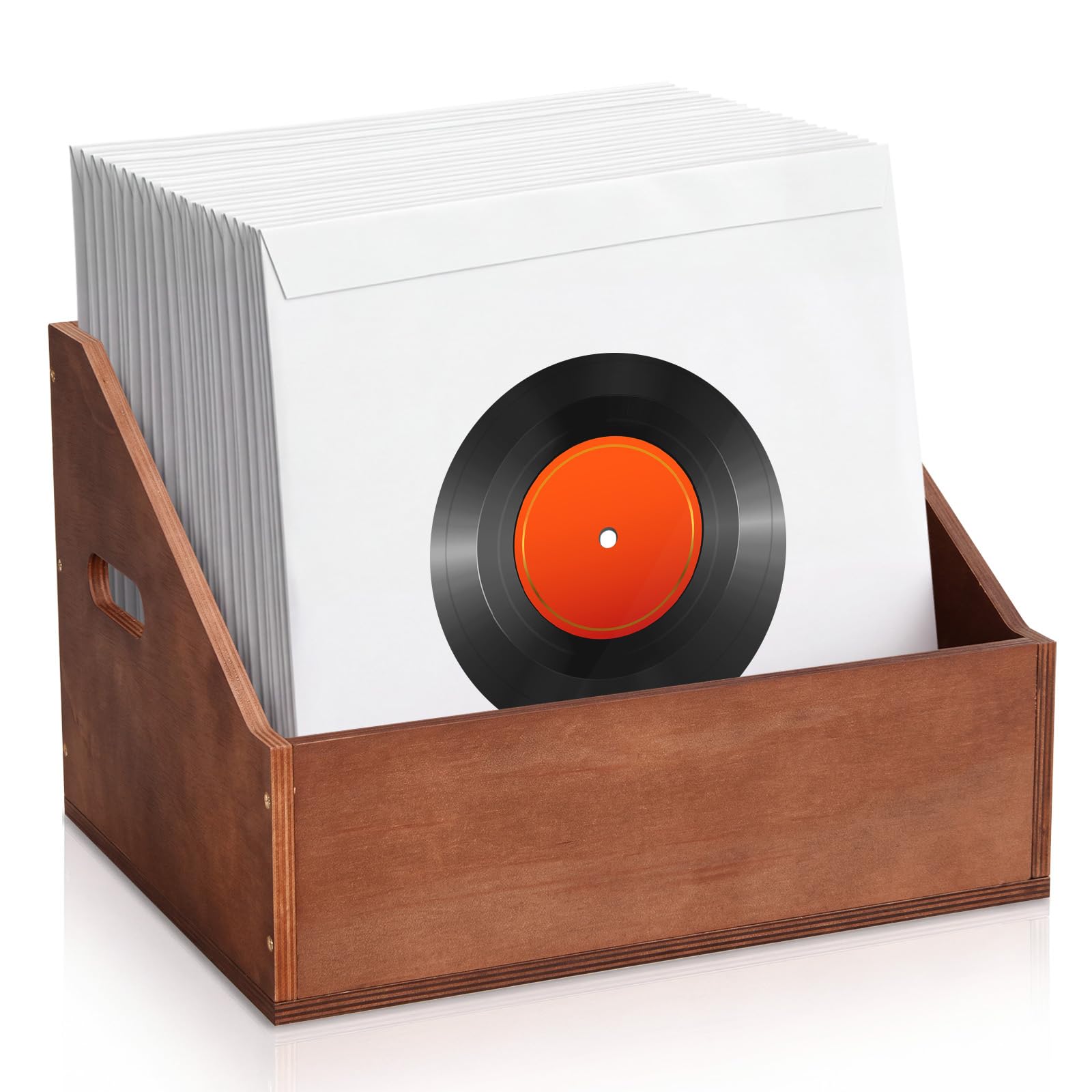 Fumete Scatola portaoggetti in legno per dischi in vinile, con 100 custodie per dischi da 45 giri/min, organizer resistente per album con manici e custodia quadrata in carta kraft da 17,8 cm, per