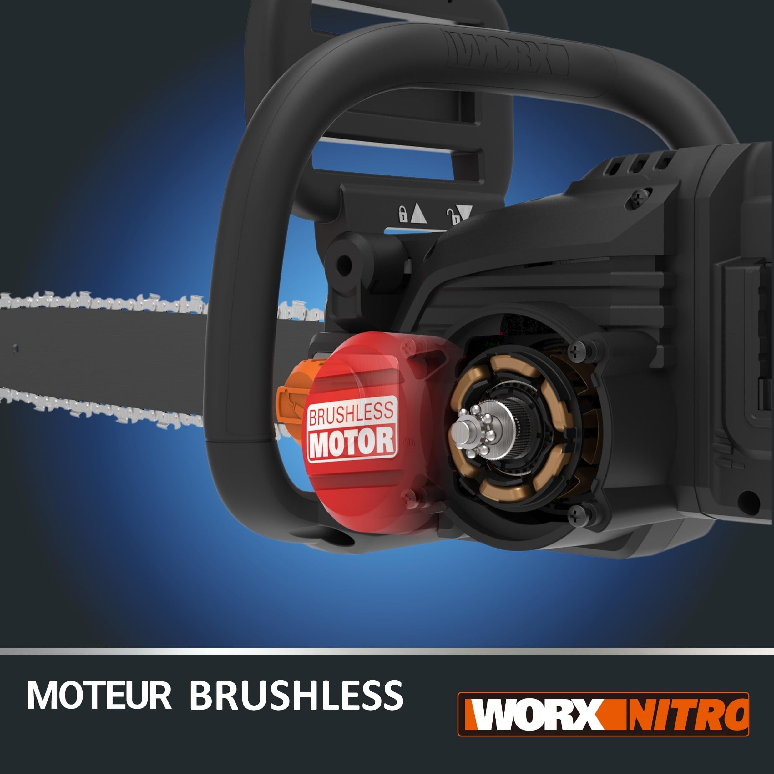 WORX Tronçonneuse Brushless sans fil 40V WG385E.9, guide de 40 cm, vitesse 18m/s, autolubrification et tension automatique de la chaîne, fourreau de protection, livrée sans batterie ni chargeur - 4