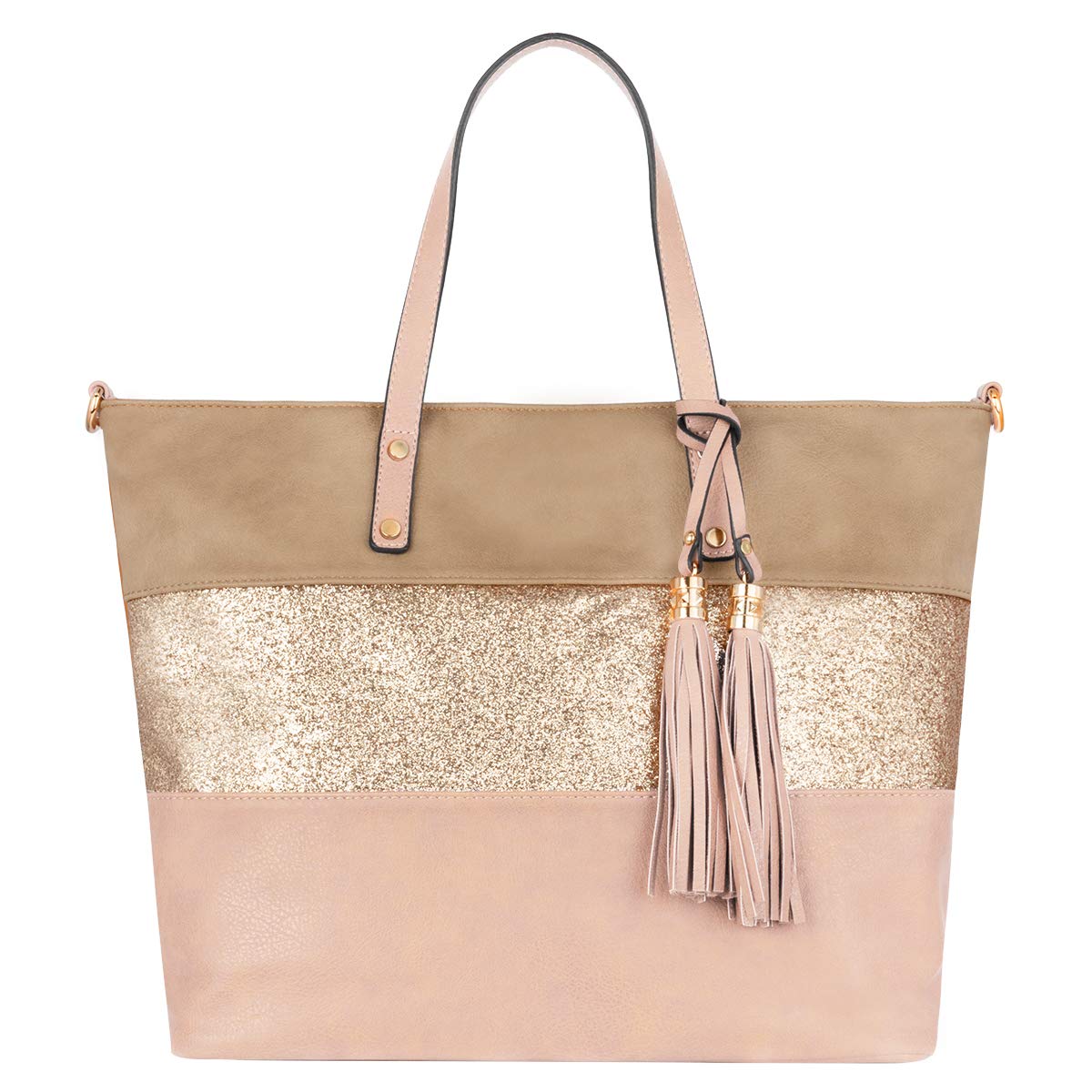 CRAZYCHIC - Sac à Main Paillette Femme - Cabas Fourre-Tout Cuir PU Souple - Sac Porté Epaule Bandoulière Patchwork Multicolore Grande Capacité - Ville Shopping Cours Travail Plage - Rose