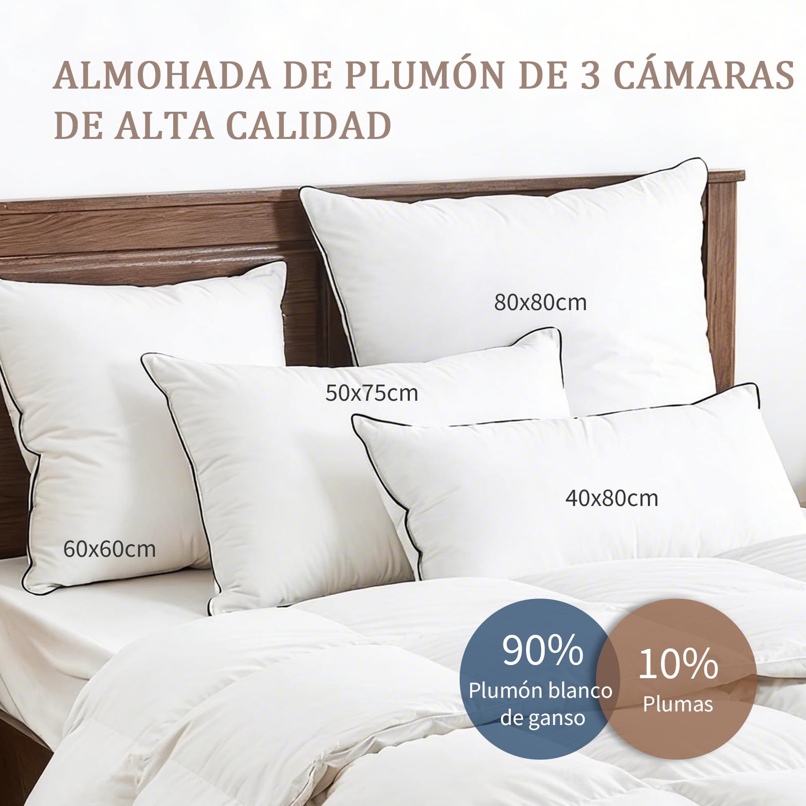 DWR Almohada de Plumón 50x75 cm (2 Unidades) | 3 Cámaras | 90% Plumón de Ganso Blanco Exterior | Mezcla de Plumas Interior | 100% Algodón Orgánico | Soporte Medio | RDS y Oeko-Tex
