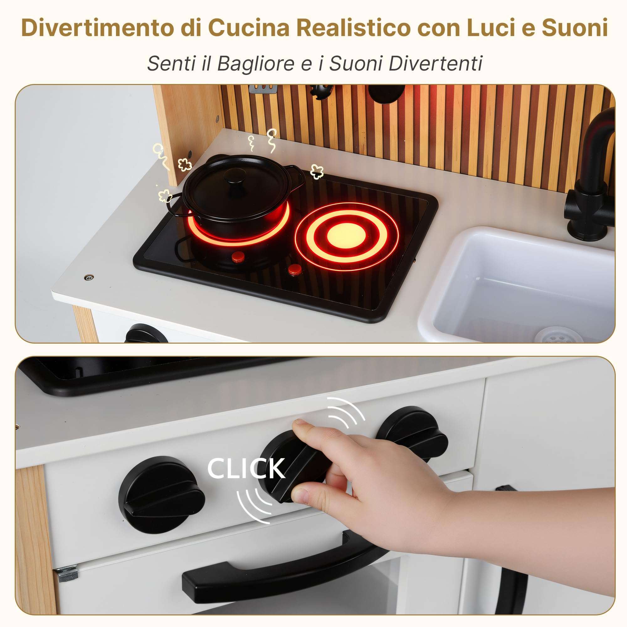 Cucina per bambini in legno con luce e suono - Cucina giochi con accessori, fornello, forno, lavello, microonde, cucina moderna in legno per bambini dai 3 anni in su, GS0070