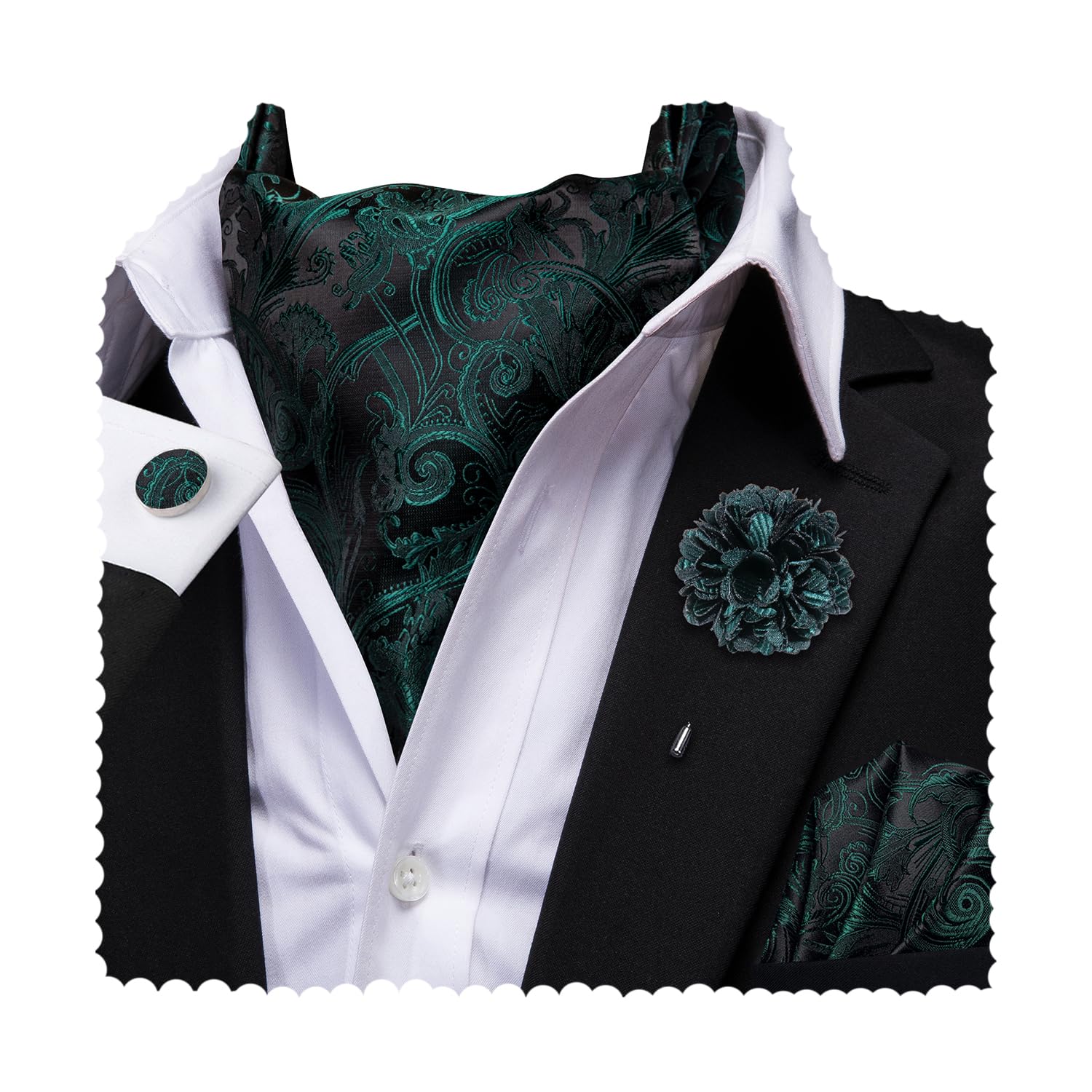 Hi-Tie Silk Ascot for Men Self Tie Men's Cravat and Flower Lapel Pin Handkerchief Cufflinks Set for Wedding Party