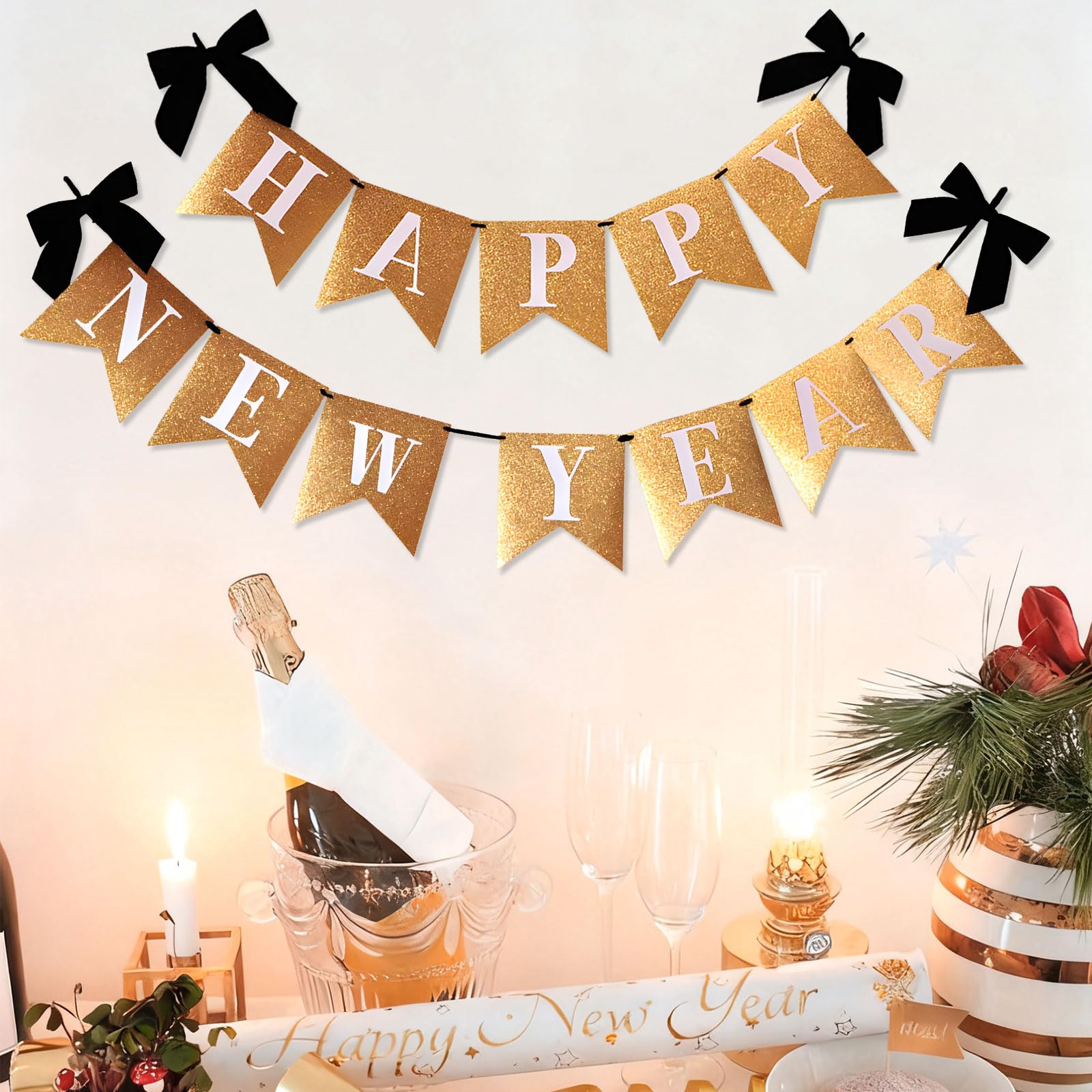 Happy New Year 2026 Banner, New Years Eve Decorations 2026, Black Gold Glitter Banner with Black Bow - Image 3