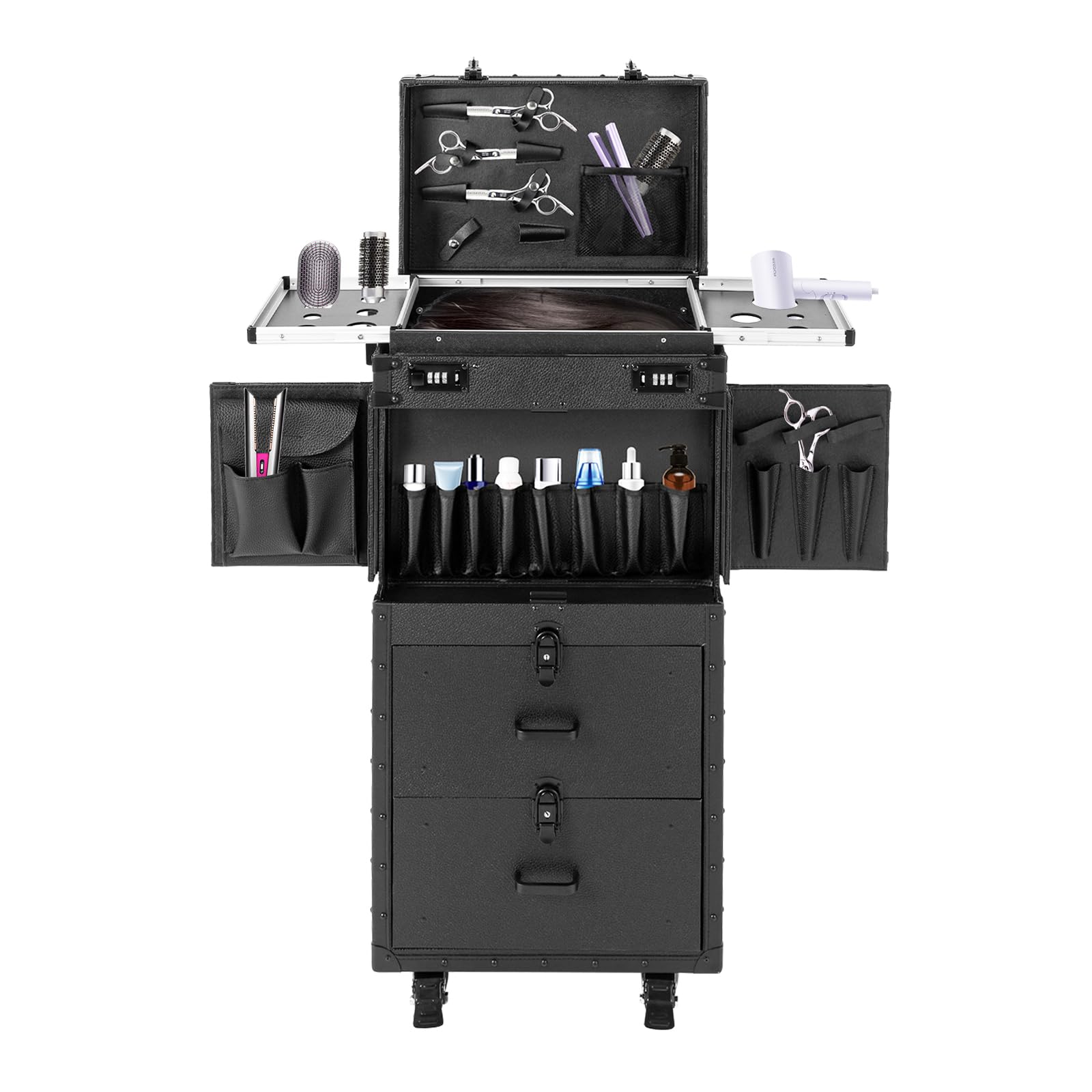 DilraTal Rolling Makeup Case Trolley Lockable Cosmetology Case on Wheels Makeup Train Case Professional Cosmetics Organizer for Hairstylist Nail Technicians Makeup Artist, Black