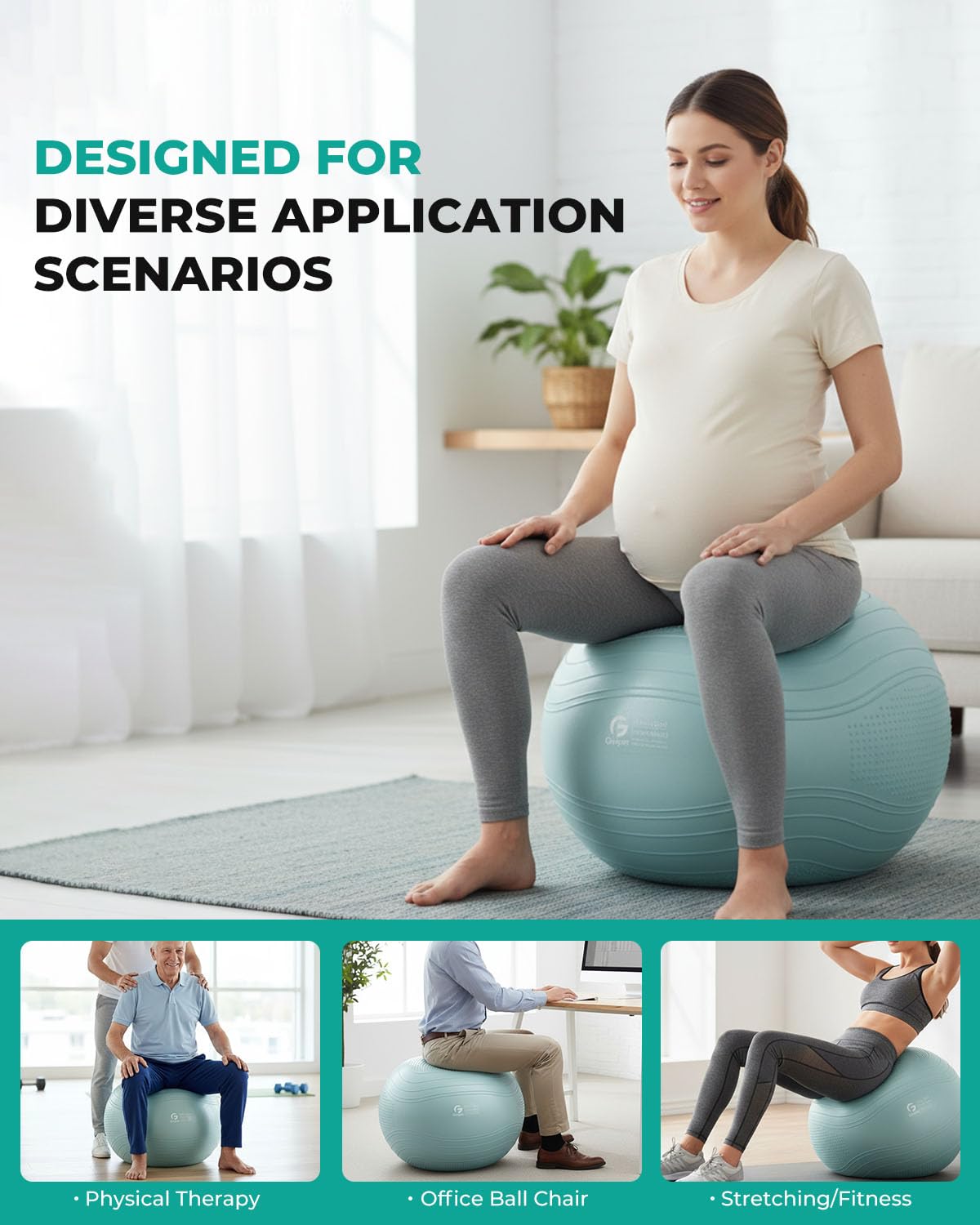 Gruper Palla da yoga, extra spessa, per allenamento, gravidanza, stabilità, 4 misure, anti-scoppio, per yoga, pilates, fitness, parto, fisioterapia, con pompa inclusa
