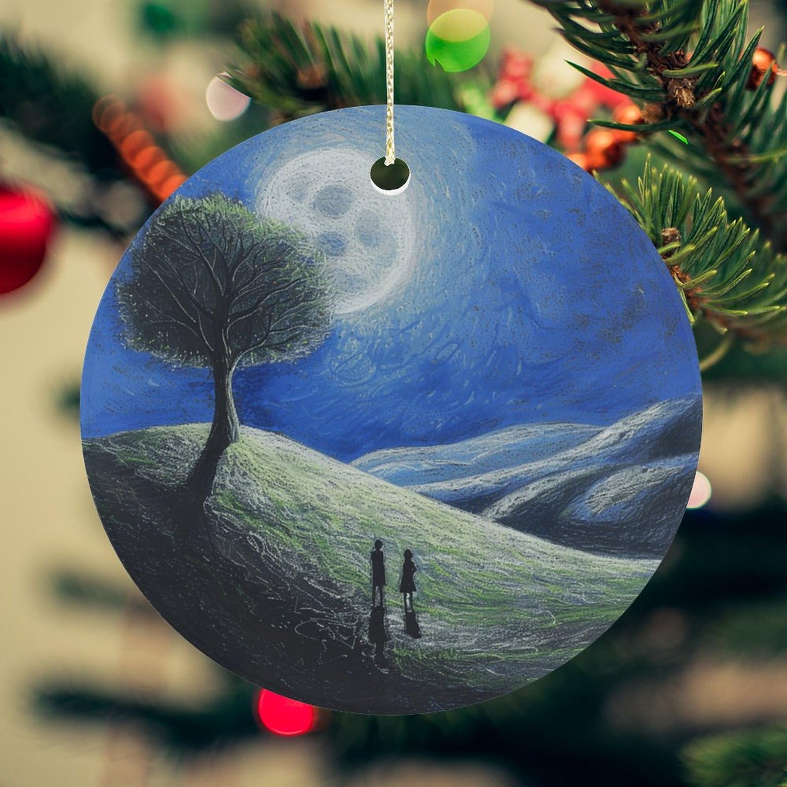 Grass on The Mountain Christmas Ornament for Christmas Tree Ceramic Round Ornament Winter Holiday Keepsake Gift 2.7" Christmas Tree Hanging Decorations Circle Ceramic Pendant Xmas Gift