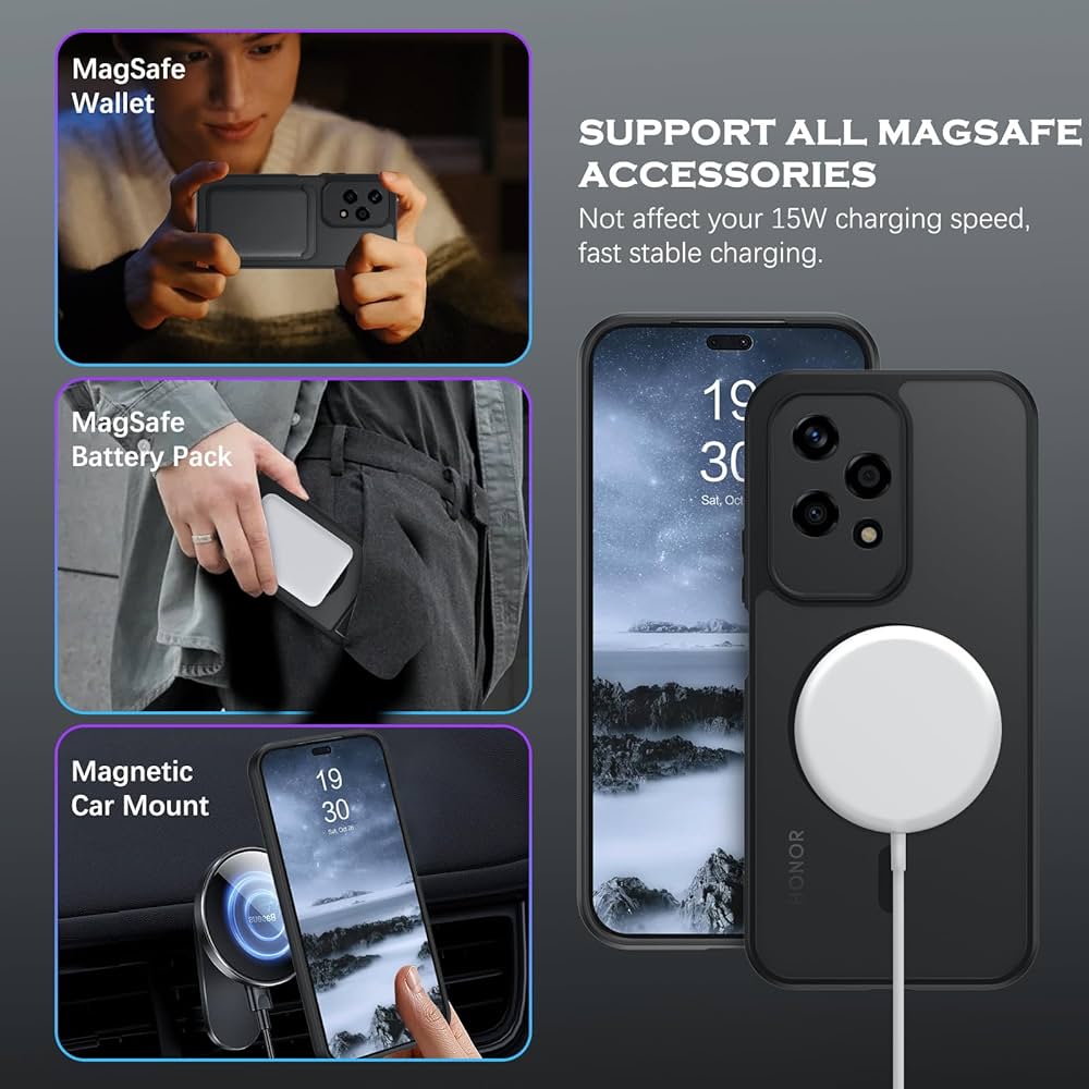 BENTOBEN Custodia Magnetica Per Honor 200 Lite 5G – Compatibile Magsafe – Antiurto Grado Militare – Retro Opaco Traslucido – Nero