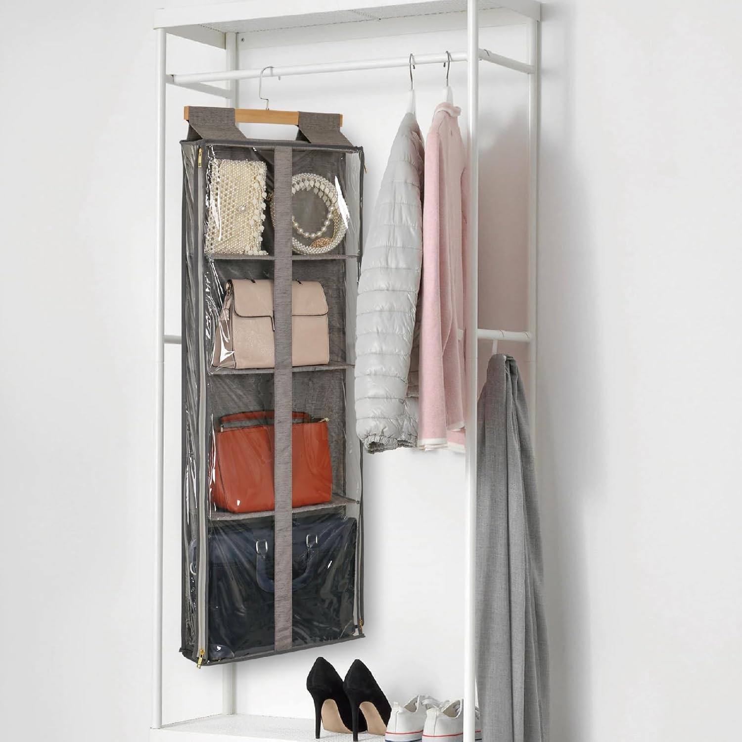 Clear Hanging Handbag Storage Organizer with Zippers, Door Purse Organizer Space Saving 4 Pockets for Closet Bedroom Living Room (Brown)