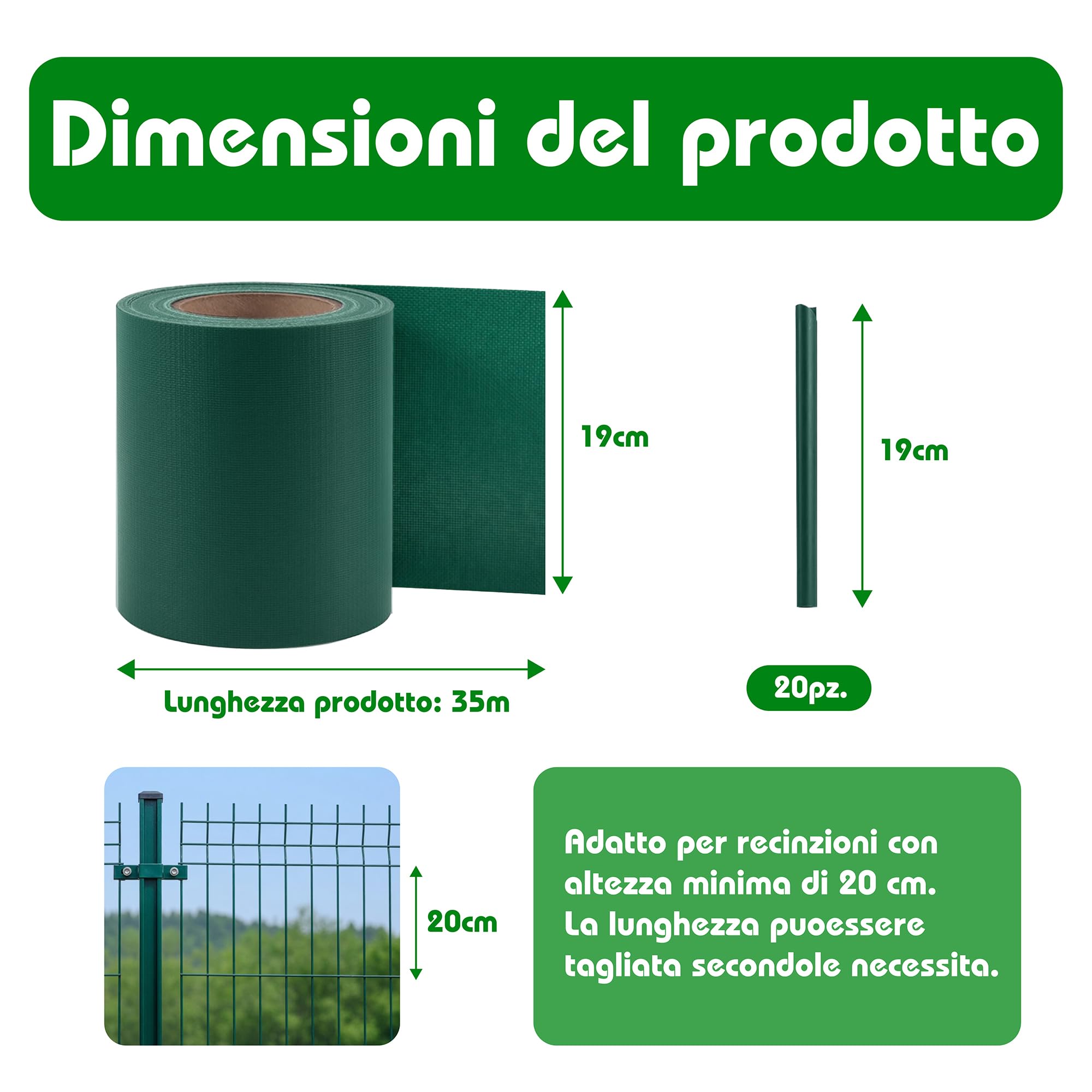 Strisce Frangivisto per Recinzione in PVC, Rotolo Verde 19x350cm, 450g/m². Resistente agli Agenti Atmosferici, con 20 Clip di Fissaggio.