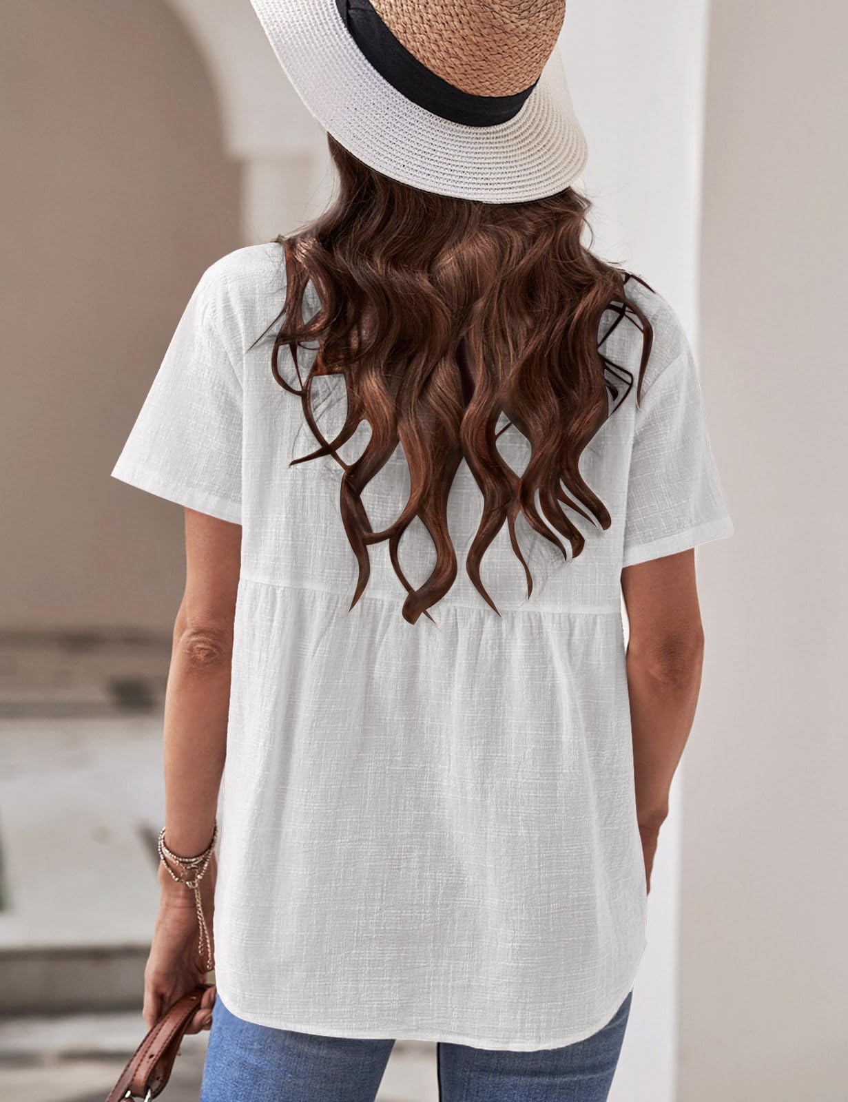 Chemise Femme Haut ÉTÉ pour Femmes Chic et Élégant Coton Lin T-Shirt Manche Courte Col en V Chemisier Tunique Tops avec Boutons D'été Décontractés Ample Couleur Unie Blouse