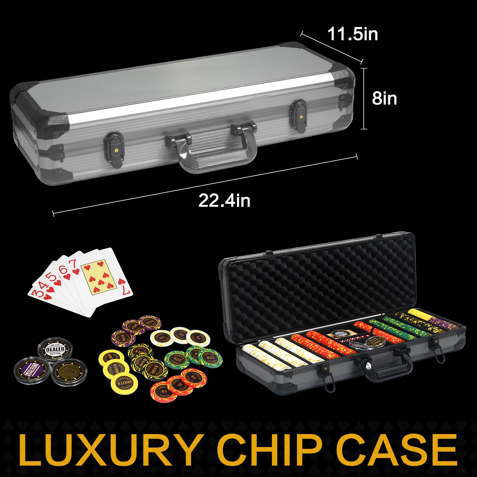 Juego de fichas de póquer de arcilla de 13,5 gramos, fichas de casino Texas Hold'em, 2 barajas de cartas, botones de distribuidor de caja de aluminio, para juegos de póquer de blackjack (500
