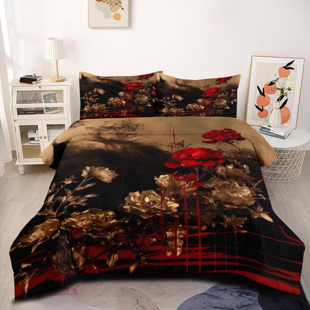 Vintage Floral Comforter Set King Size Red Gold Botanical Leaves Bedding Set Retro Flower Artwork Bed Set for Adult Women Black 3Pcs Soft Down Alternative Comforter with 2 Pillowcases
