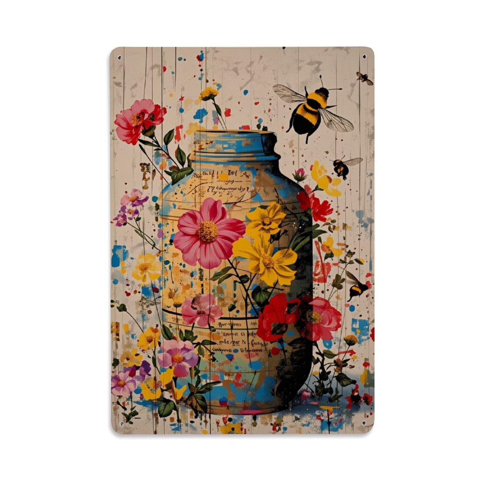 Jdyaojiesheng Vintage Floral Jar Bee Paint Splatter Tin Sign Retro Metal Wall Decor Metal Poster, Home Bar Garage Farmhouse Cafe Wall Art Decoration 8X12inches