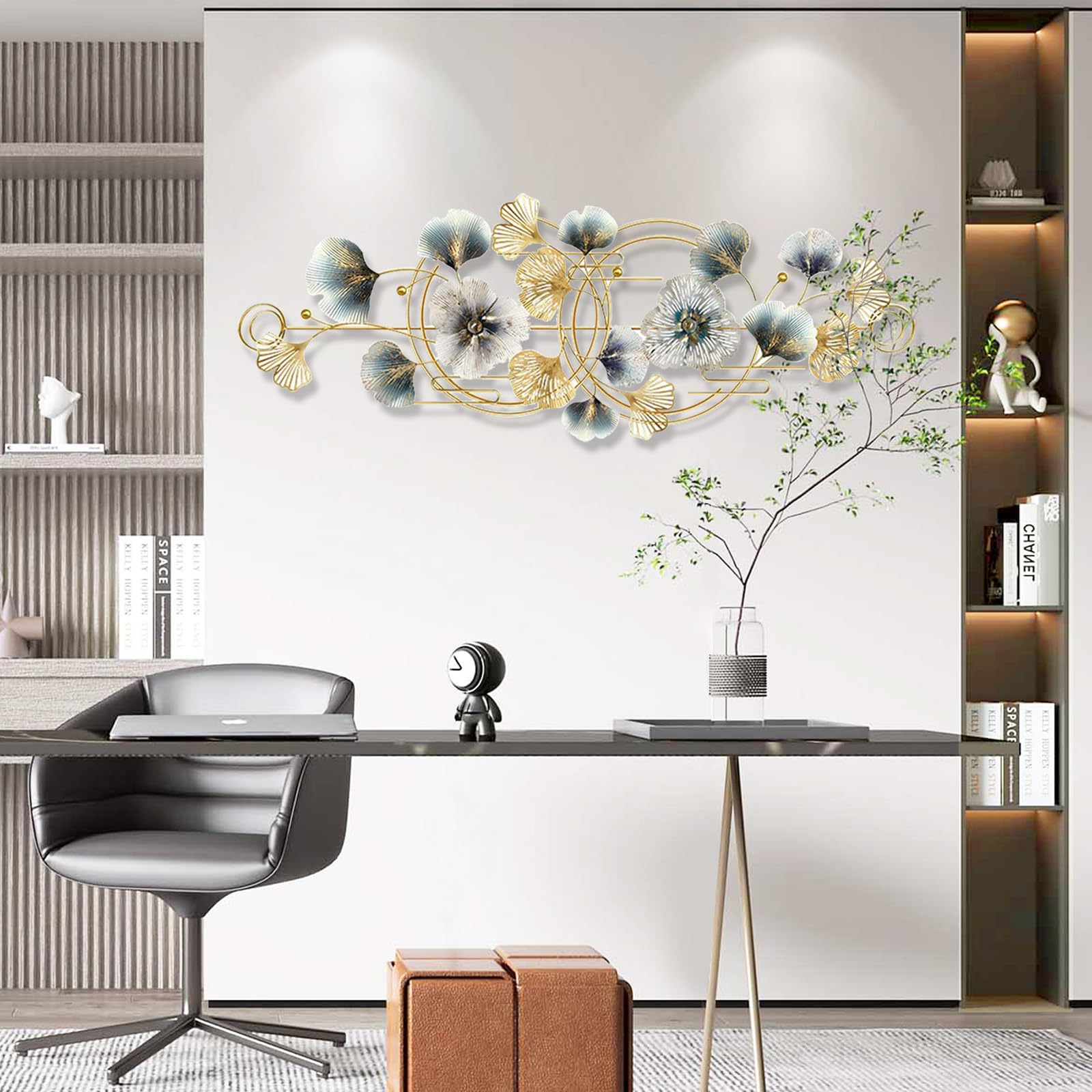 Aisny Decorazione Murale Soggiorno, 127X44cm Decorazione Murale 3D Parete Soggiorno Fiori Sculture Metallo Sospesa Divano Sfondo Ufficio Ornamenti Murali Con 2 Viti