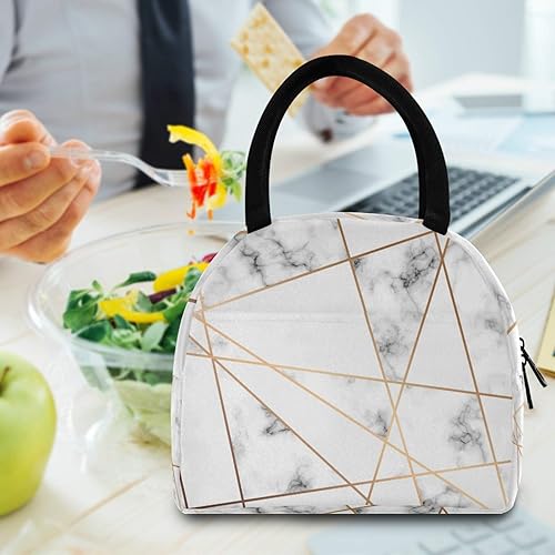 Miniatura 6 de AUUXVA Bolsa de almuerzo con estampado geométrico de líneas doradas, con estampado de mármol, lonchera aislada con asa, bolsa de hielo reutilizable
